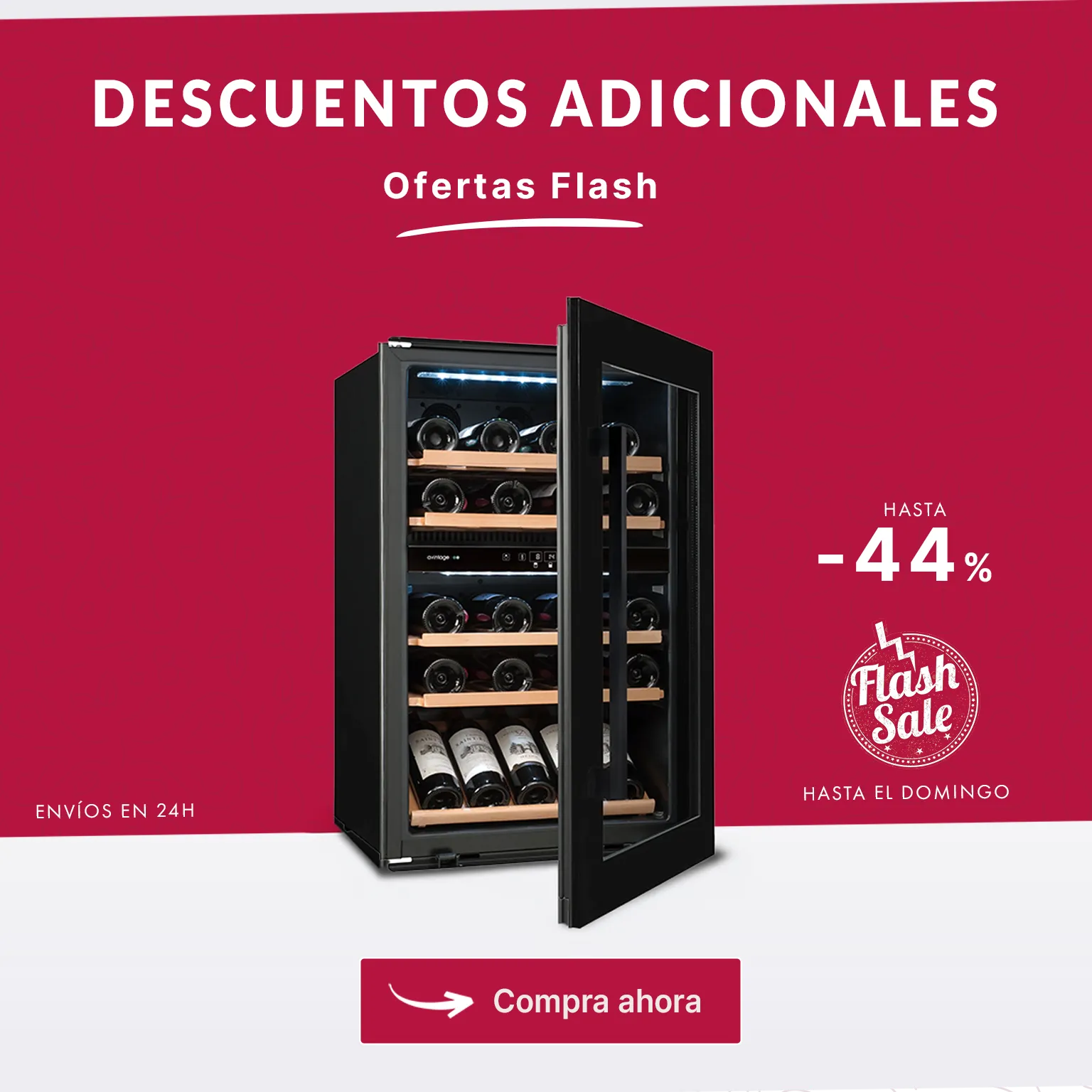 Oferta flash de vinotecas con hasta 44% de descuento. Imagen de vinoteca abierta con botellas, sello "Flash Sale" y botón de compra.