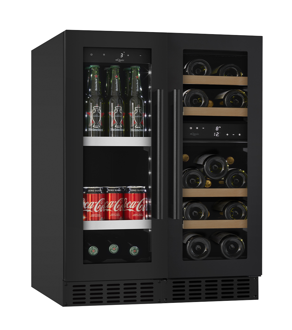 Pack vinoteca mQuvée WineCave 700 30D y nevera para cerveza BeerServer 30 Anthracite Black vista de tres cuartos
