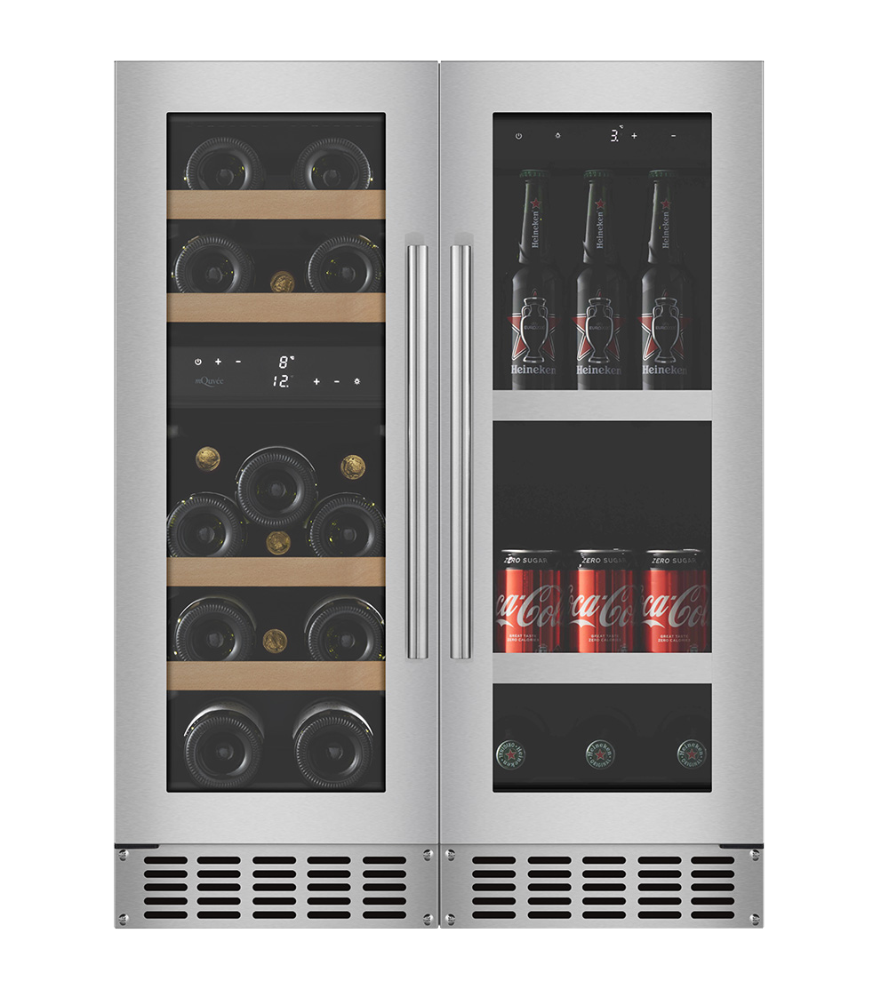 Pack vinoteca mQuvée WineCave 700 30D y nevera para cerveza BeerServer 30 Stainless vista frontal