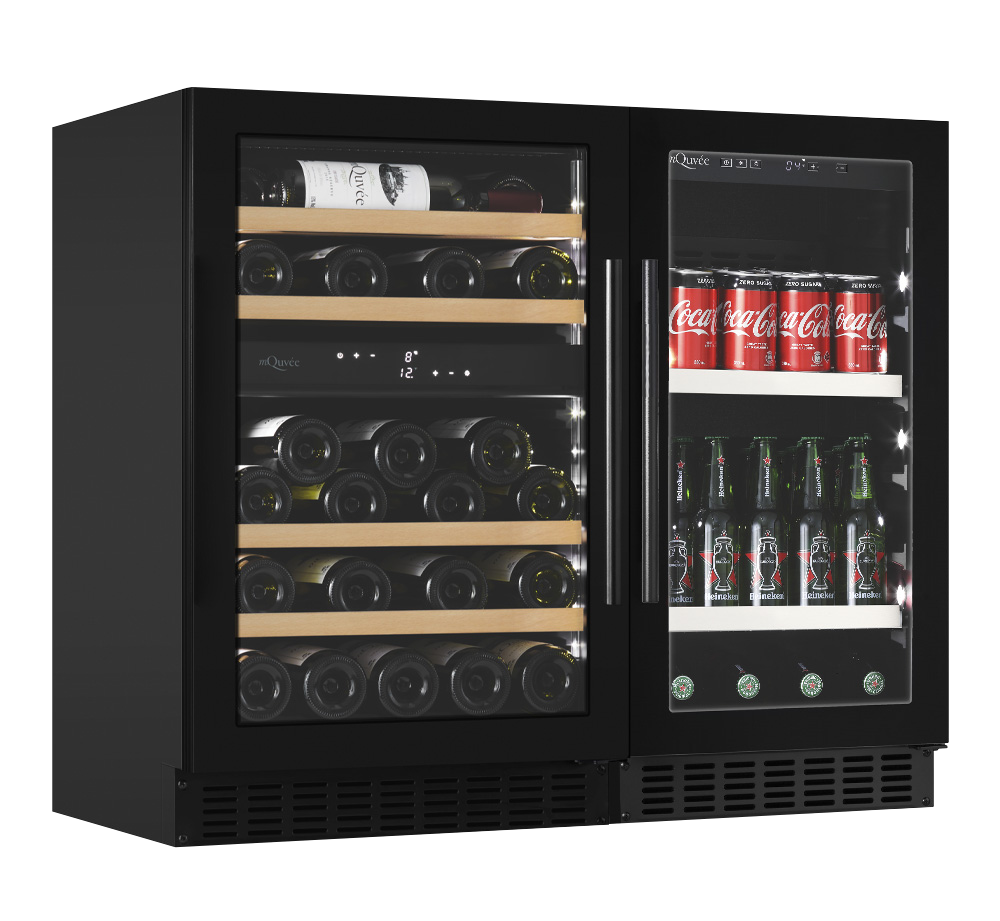 Pack vinoteca mQuvée WineCave 700 60D y nevera para cerveza BeerServer 30 Anthracite Black vista de tres cuartos