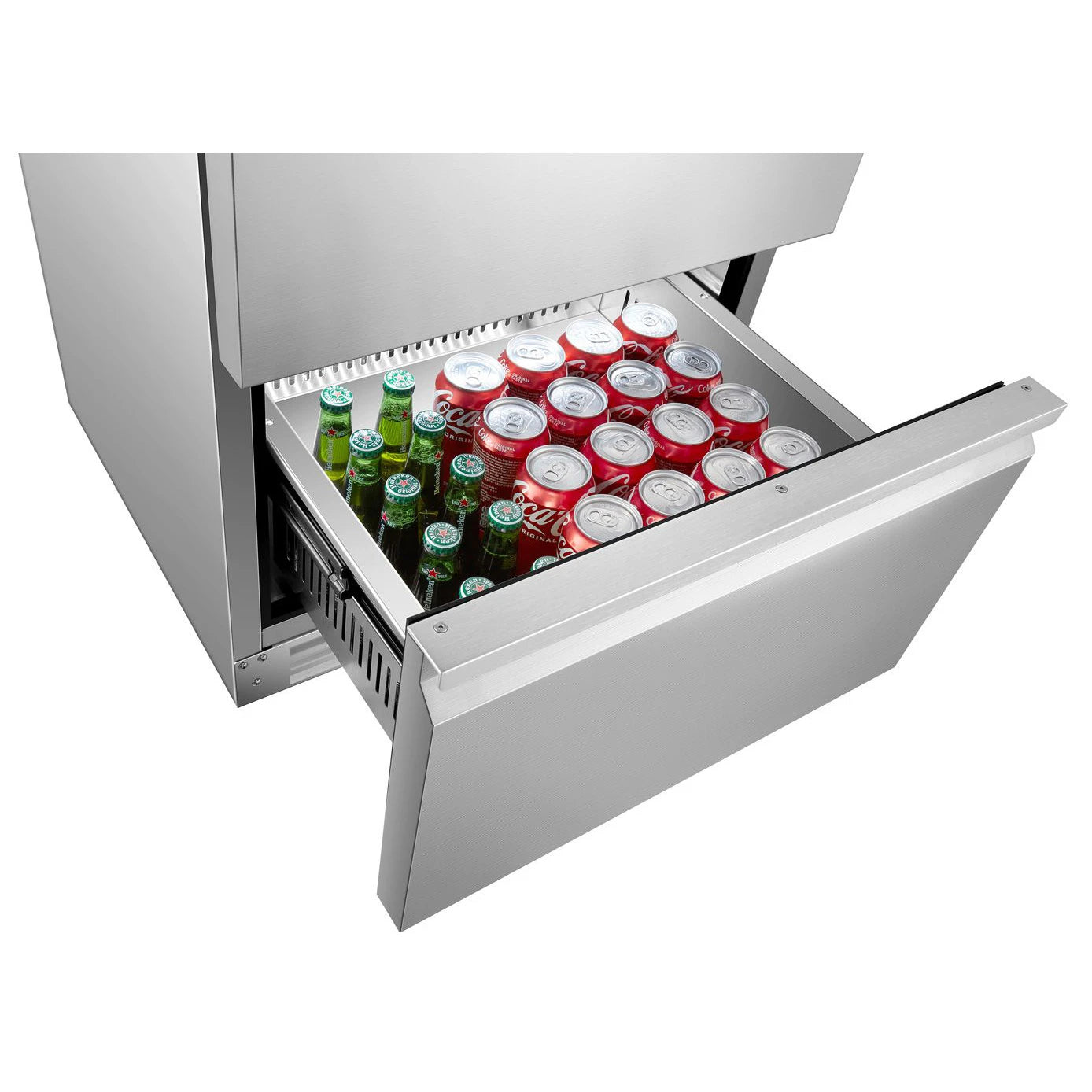 Cavin Outdoor Collection 51D Stainless, detalle de cajón extraíble en acero inoxidable para bebidas.