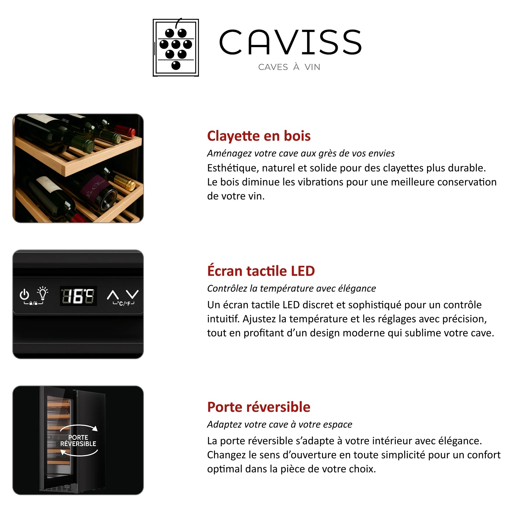 Características de la vinoteca Caviss CT2PL100CB: estantes de madera, pantalla táctil LED y puerta reversible