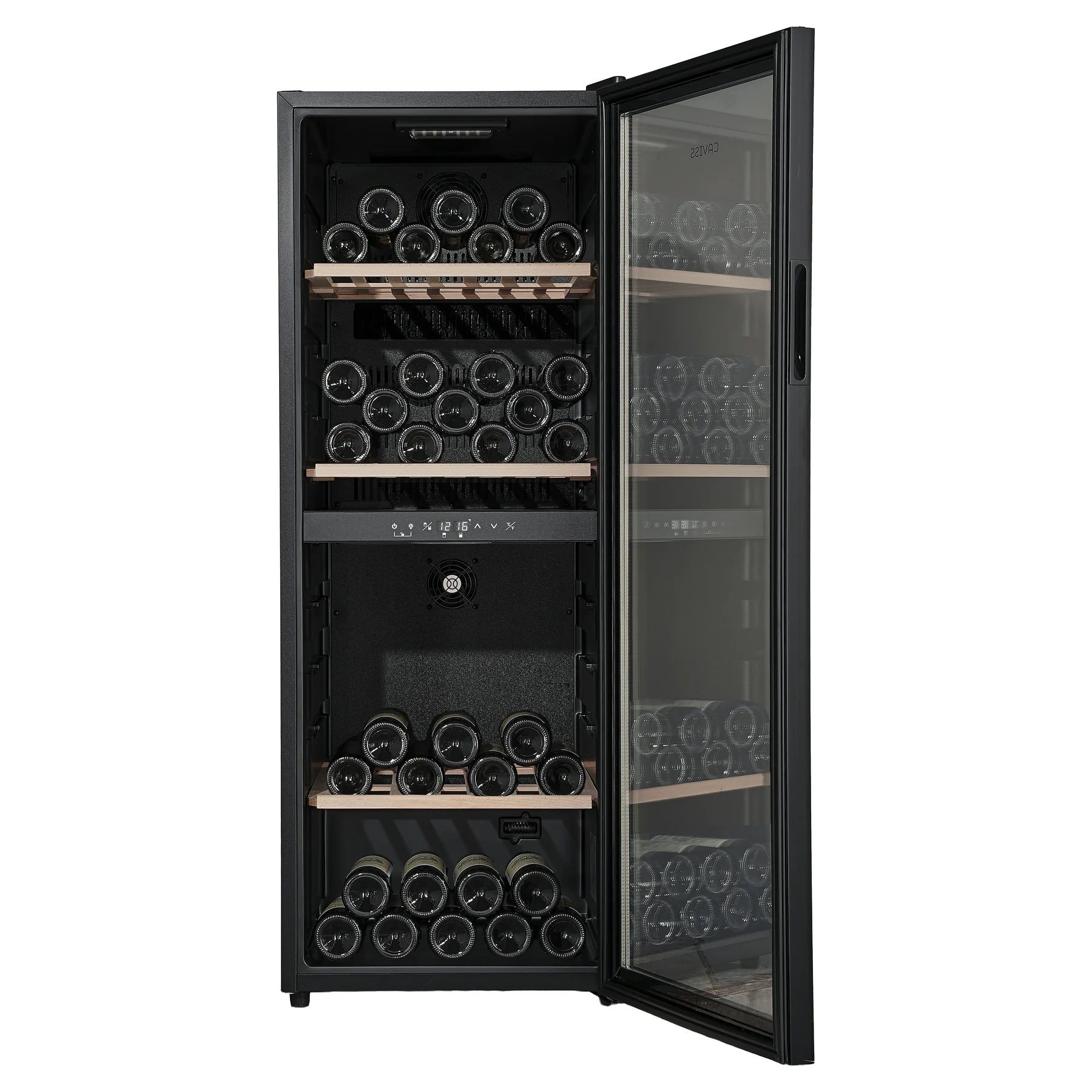 Vinoteca Caviss CT2PL100CB abierta con las dos zonas llenas de botellas
