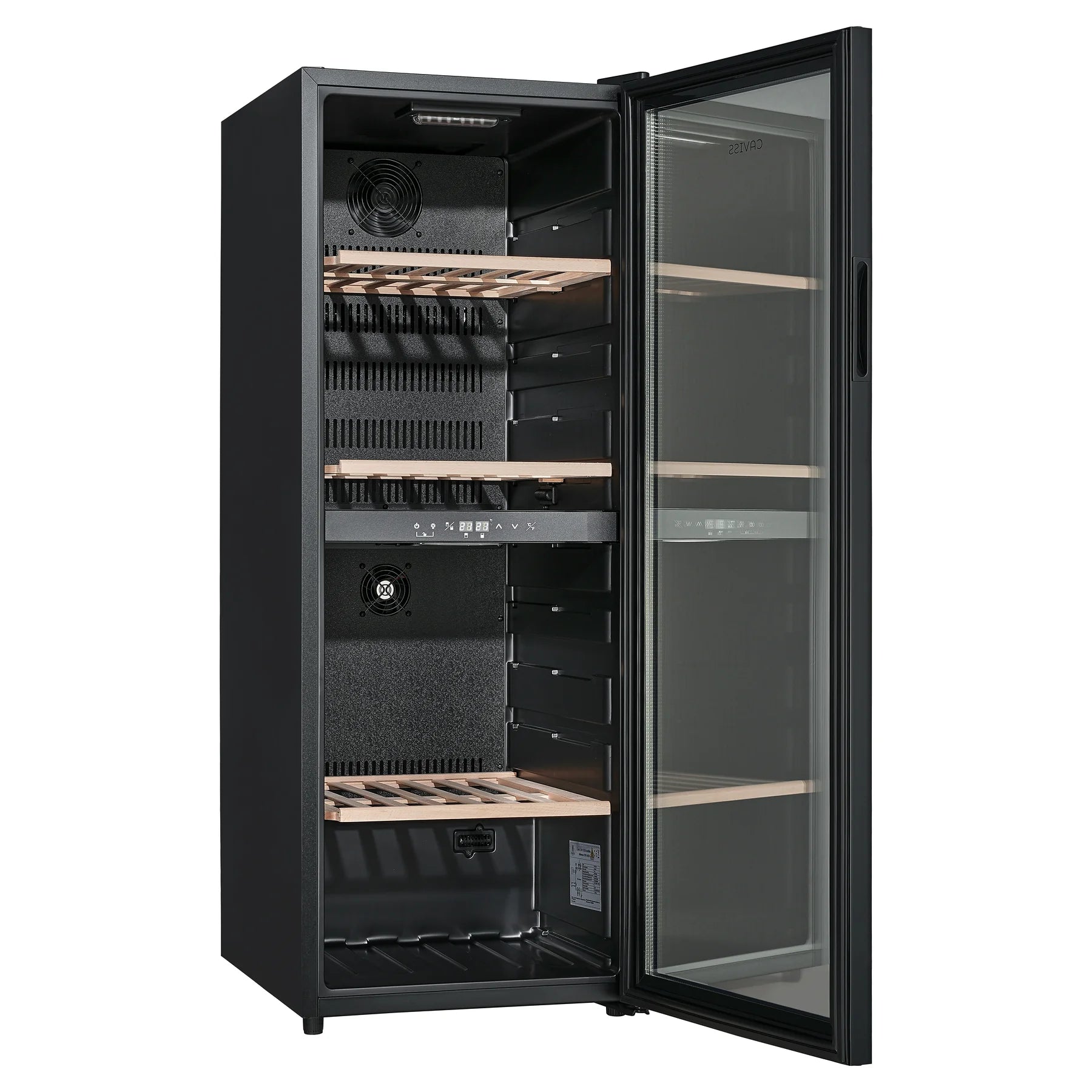 Vinoteca Caviss CT2PL100CB abierta y vacía, vista de tres cuartos