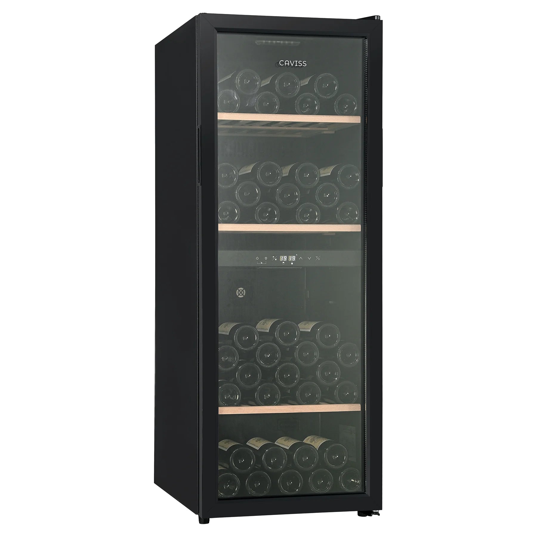 Vinoteca Caviss CT2PL100CB cerrada con botellas en el interior, vista frontal