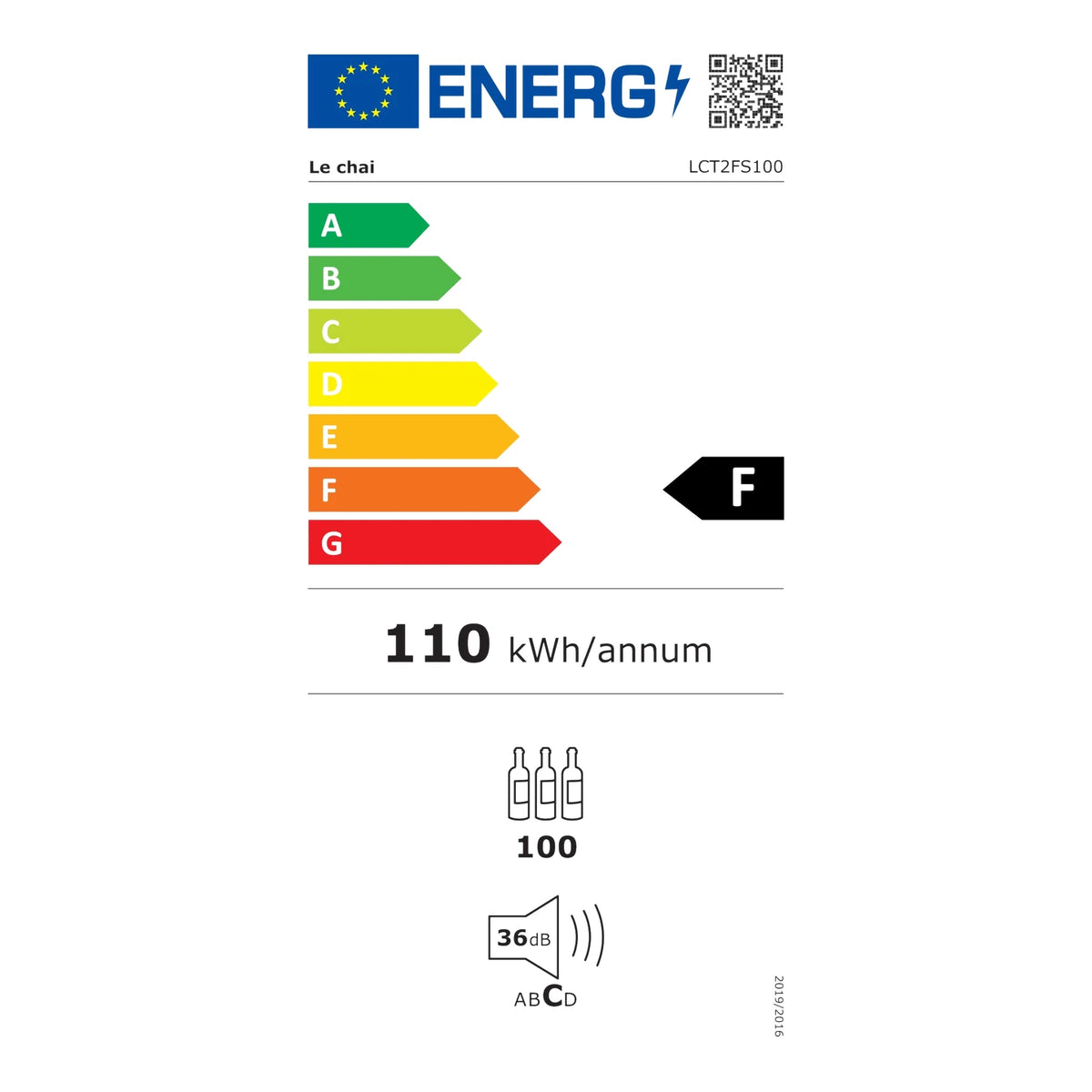 Etiqueta energética de la vinoteca Le Chai LCT2FS100, clase F.