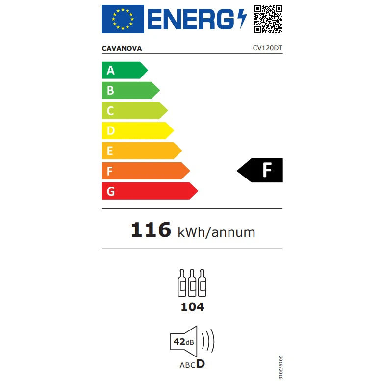 Etiqueta energética de la vinoteca Cavanova CV120DTI de 102 botellas, doble zona, consumo anual de 116 kWh.