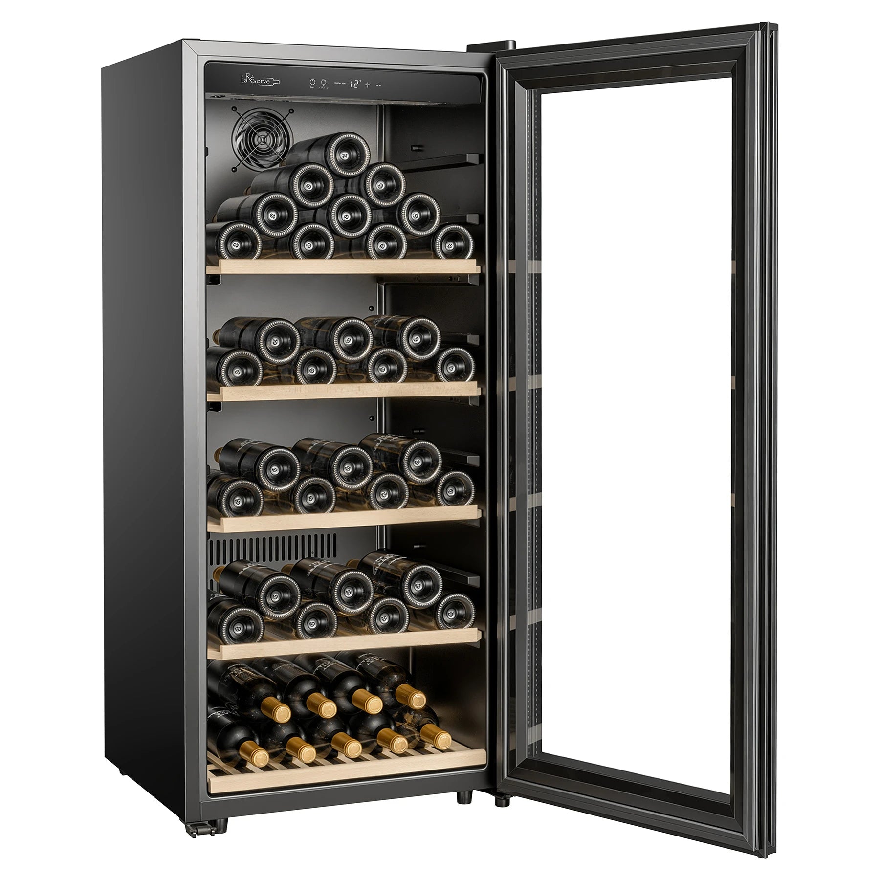 Detalle de estantes de madera de la vinoteca La Réserve RWC1102FN1 para botellas de vino