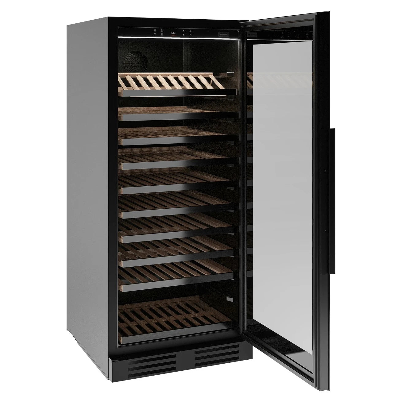 Vista frontal de la vinoteca Nestor M Wine NWX1104FN1 de 104 botellas con puerta de cristal negro