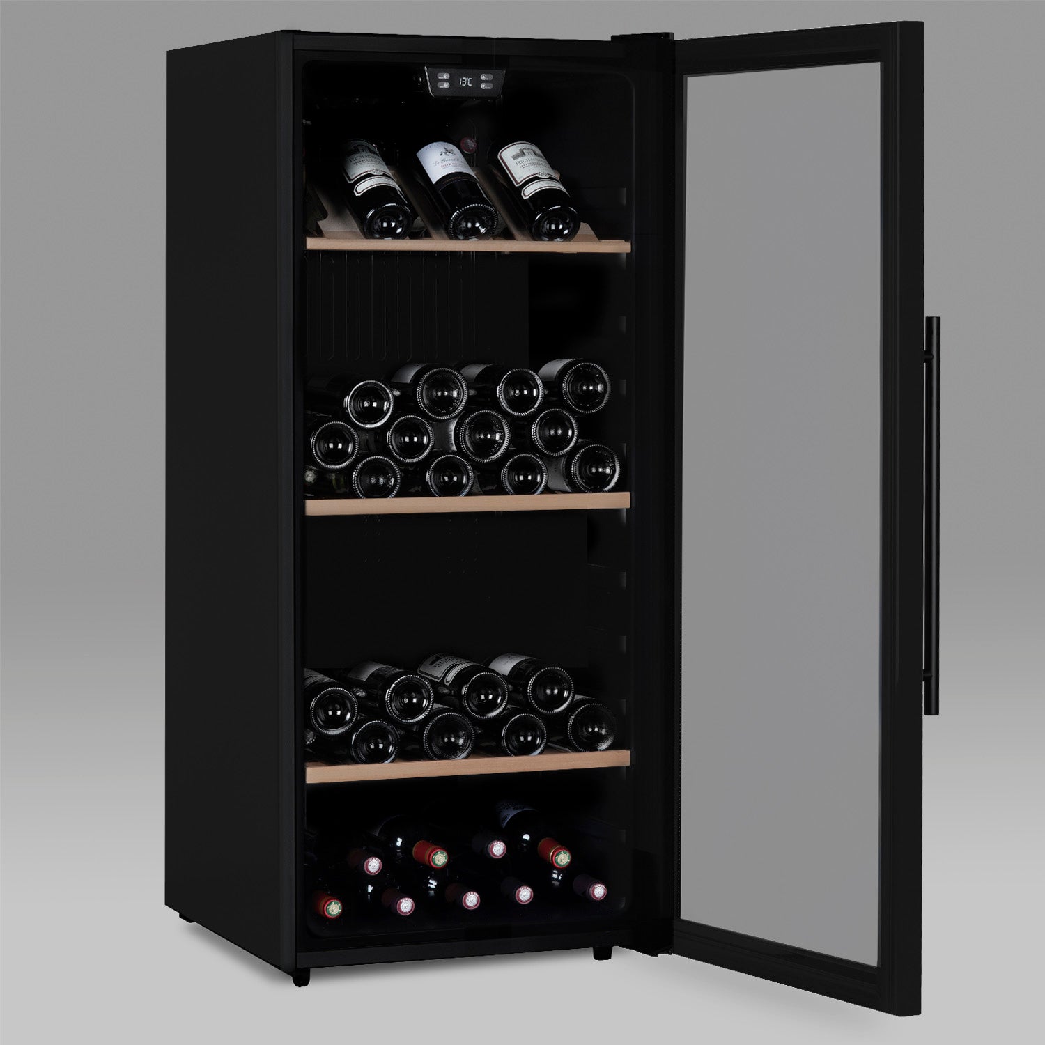Vinoteca encastrable 108 botellas Les Petits Champs CAVCBD108 vista lateral puerta abierta con botellas de vino