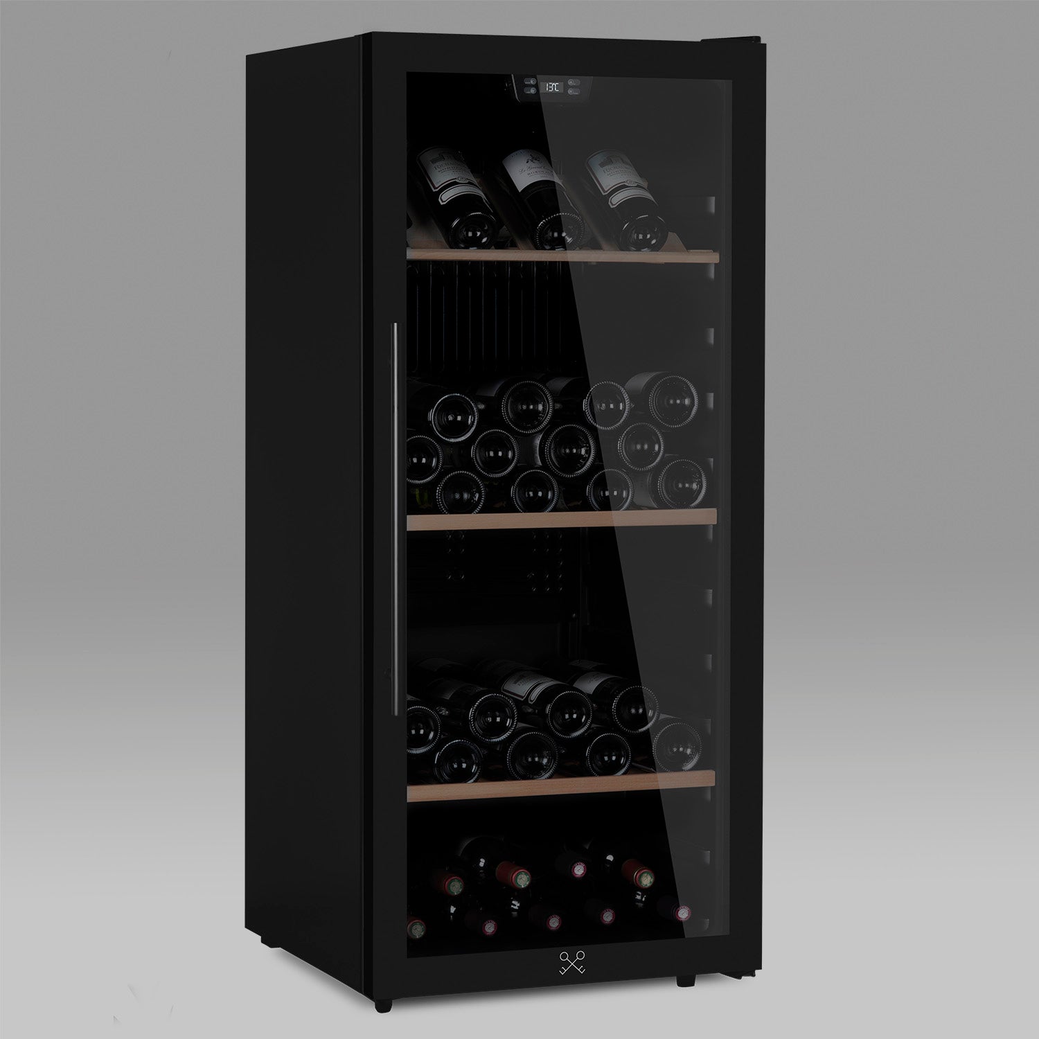 Vinoteca encastrable 108 botellas Les Petits Champs CAVCBD108 vista lateral con puerta cerrada y botellas de vino
