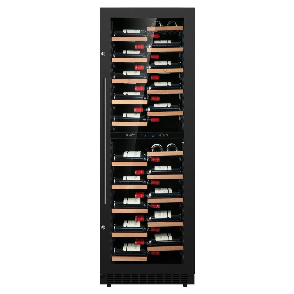 Vista frontal de la vinoteca Nestor M Wine NWBP2120GN1 de doble zona con puerta de cristal negro