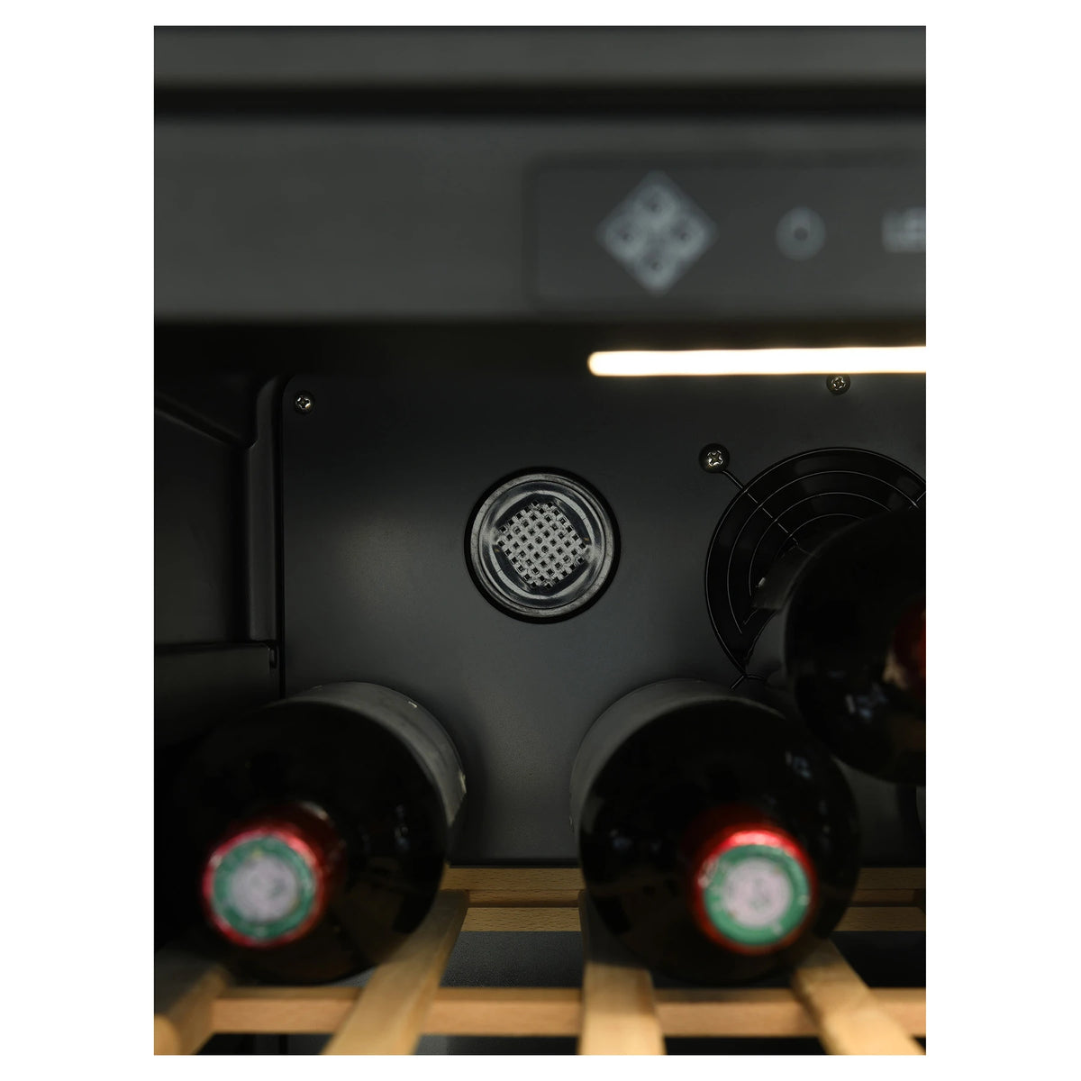 Interior detail of the La Sommelière SMART112 wine cooler with the carbon filter and the fan