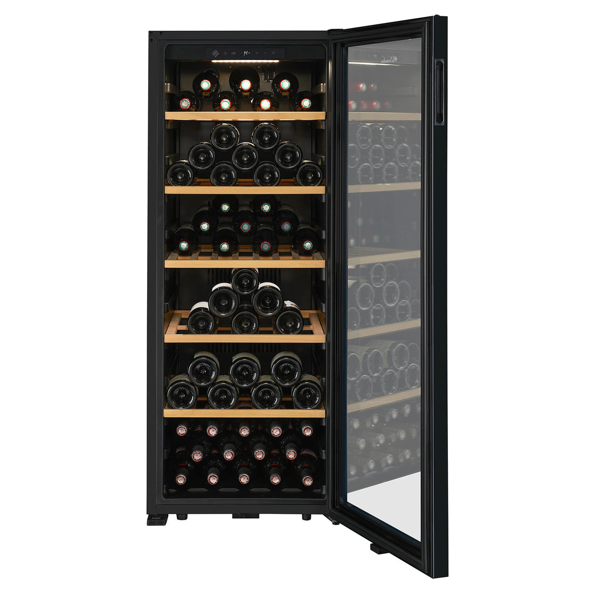La Sommelière SMART112 wine cooler front view with the door open and full of bottles