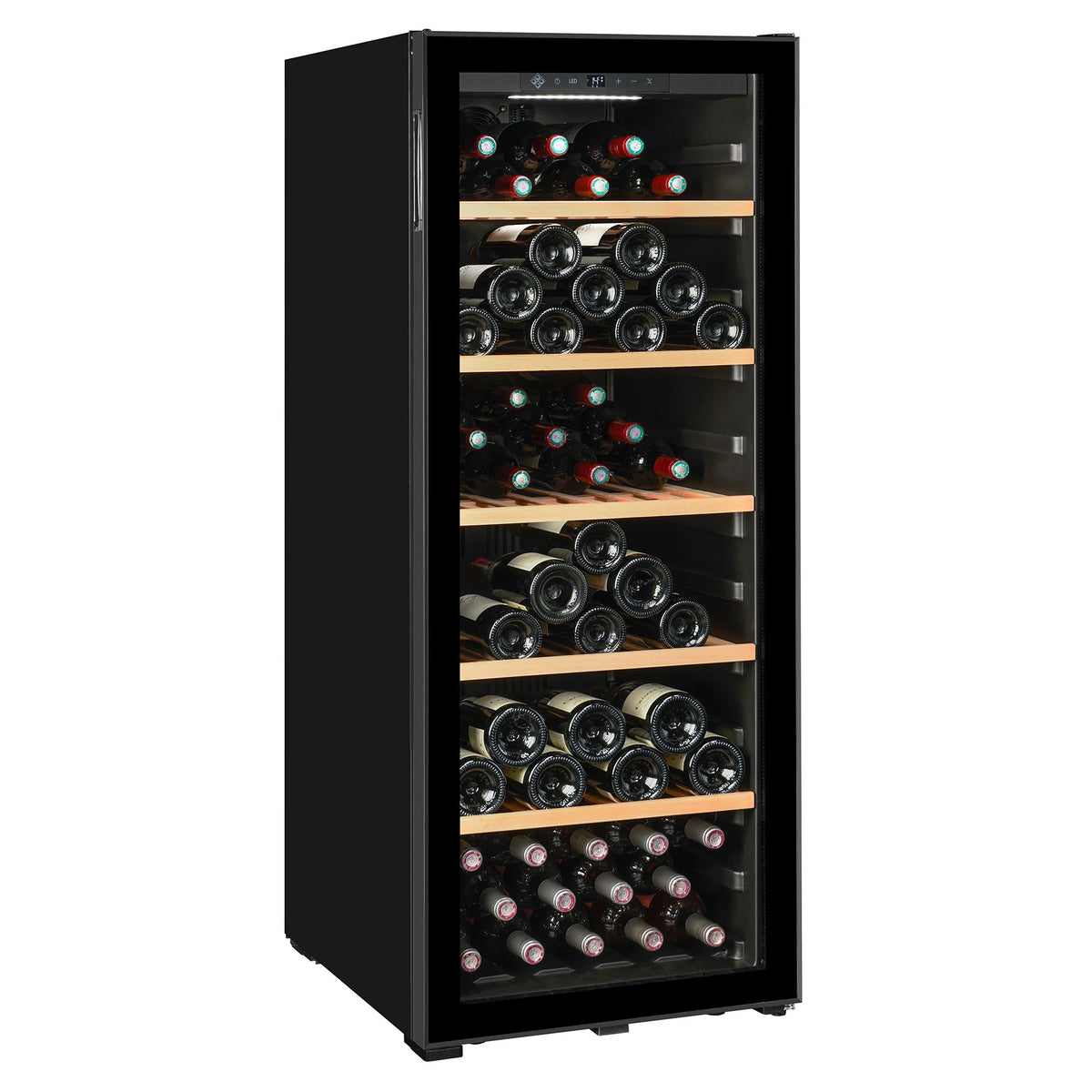 Freestanding La Sommelière SMART112 wine cooler, three-quarter view with the door closed and full of bottles