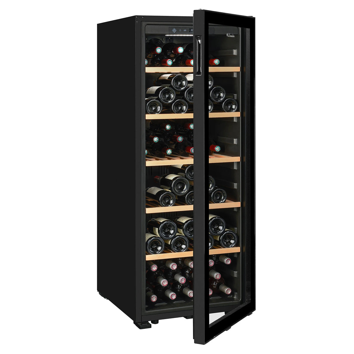La Sommelière SMART112 wine cooler side view with the door open and full of bottles