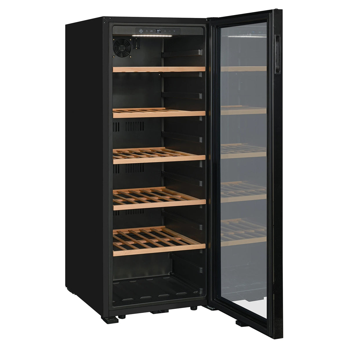 La Sommelière SMART112 wine cooler angled view with the door open and empty wooden shelves
