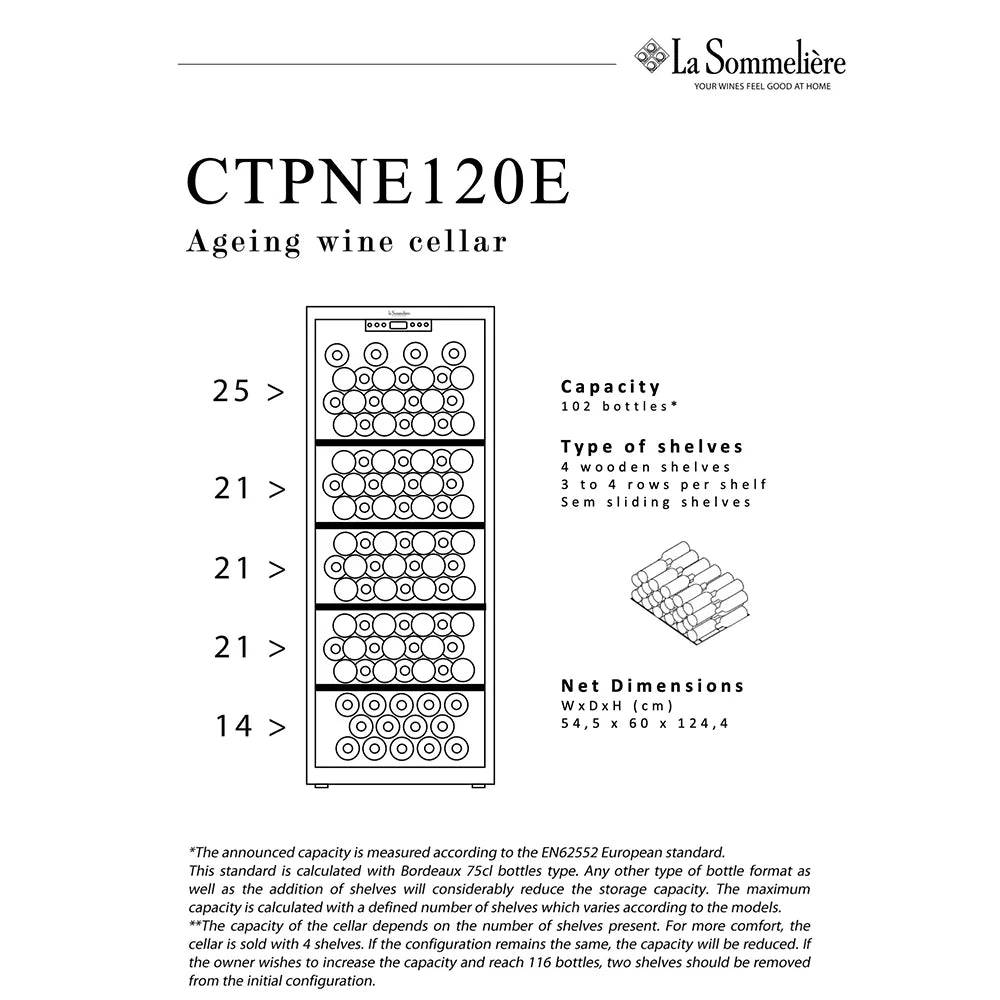 Esquema técnico de la vinoteca La Sommelière CTPNE120E mostrando distribución de botellas, capacidad de 102 botellas, tipo de estantes de madera y dimensiones en centímetros.