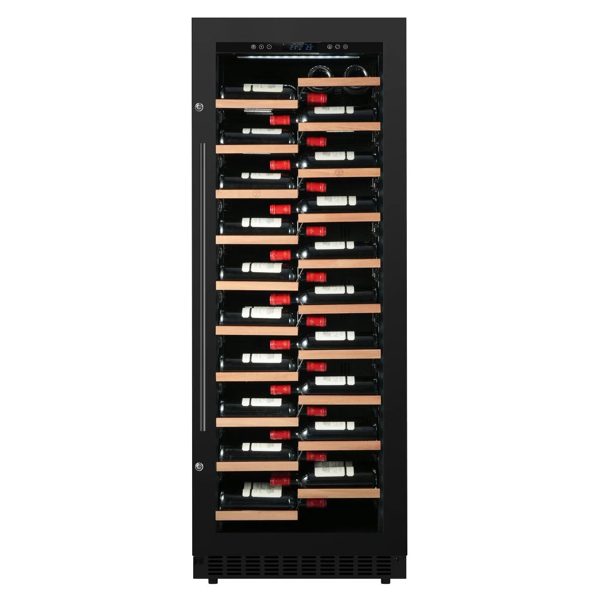 Vista frontal de la vinoteca Nestor M Wine NWBP1116GN1 con puerta de cristal negro