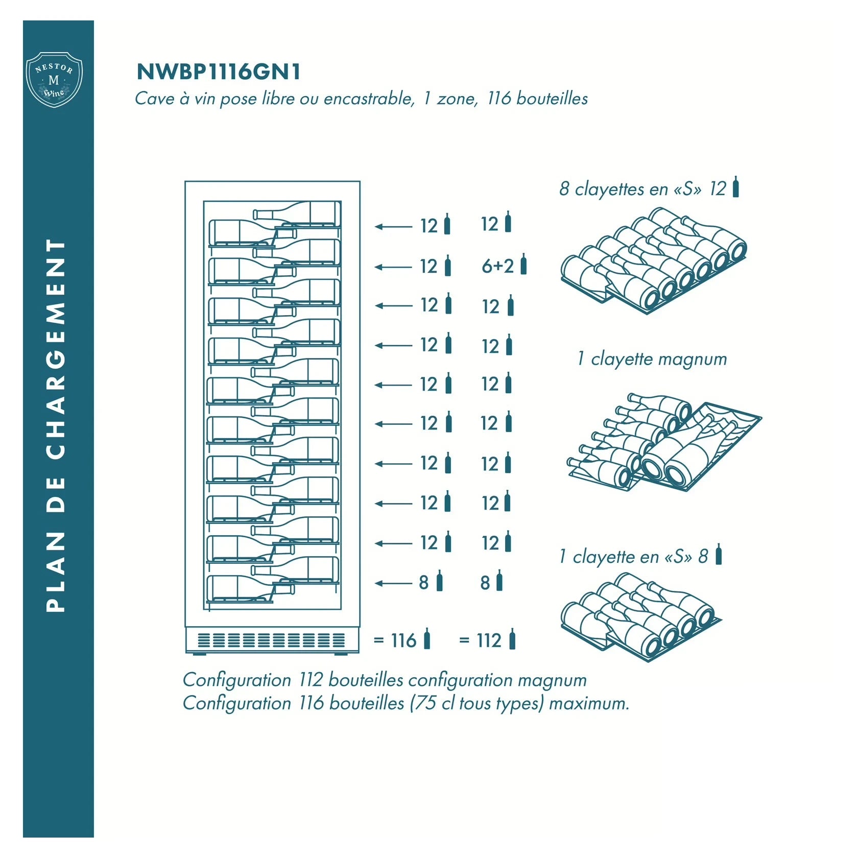 Imagen de capacidad de la vinoteca Nestor M Wine NWBP1116GN1 para 116 botellas y formato magnum