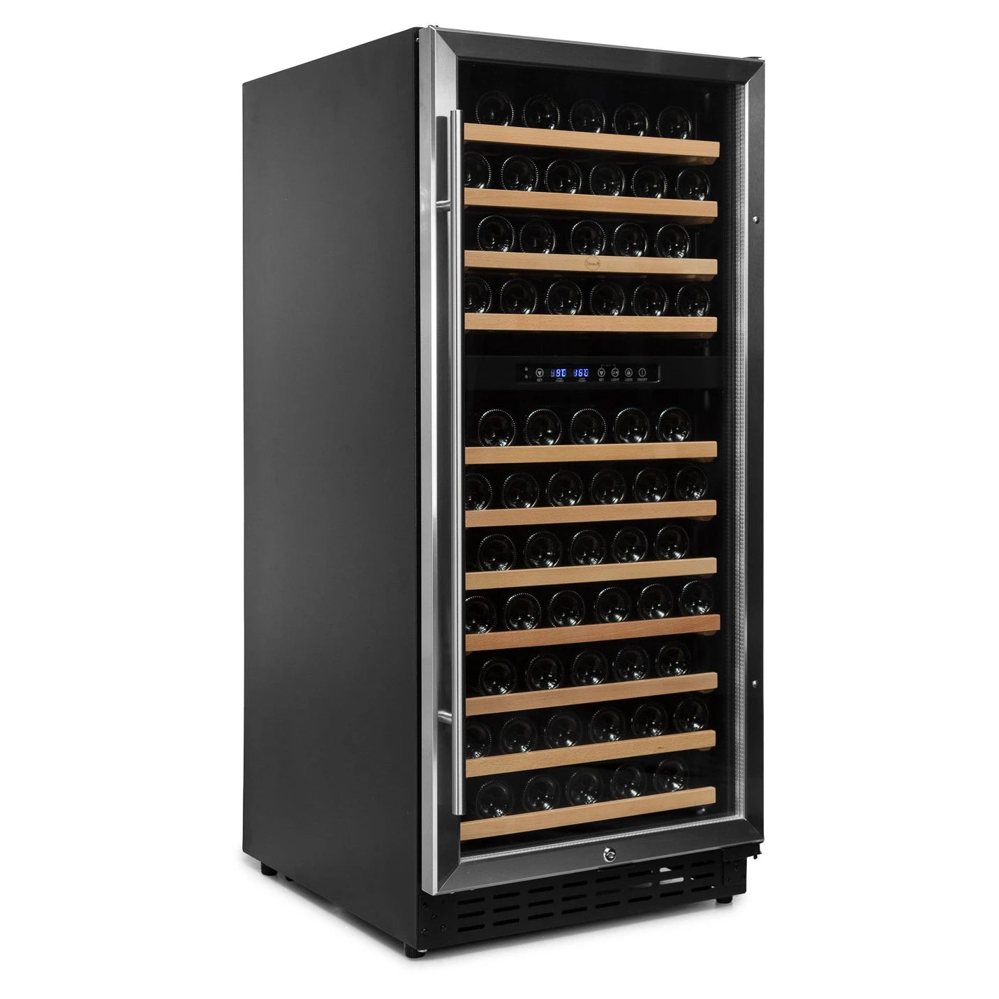 Interior de la vinoteca Vinobox V110 GC 2T Inox con baldas de madera para 116 botellas.