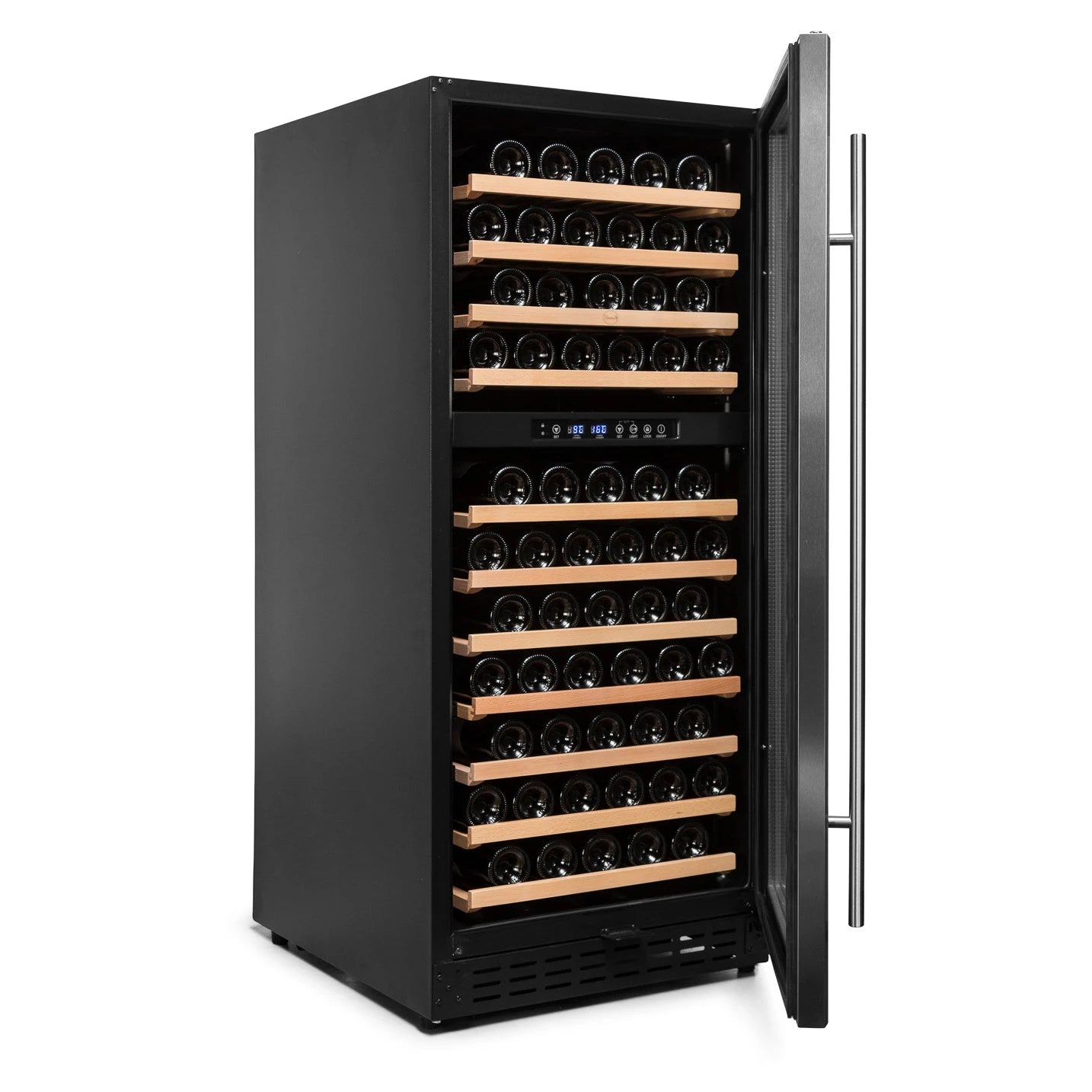 Detalle de la vinoteca Vinobox V110 GC 2T Inox con marco inox y doble zona de temperatura.