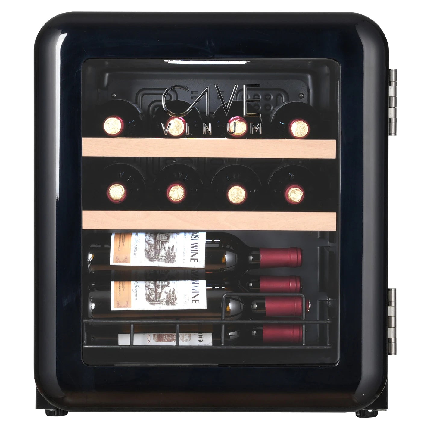 Vinoteca retro Cave Vinum CV-15-R para 12 botellas, color negro con puerta de vidrio, iluminación interior y estantes de madera con botellas de vino colocadas horizontalmente.