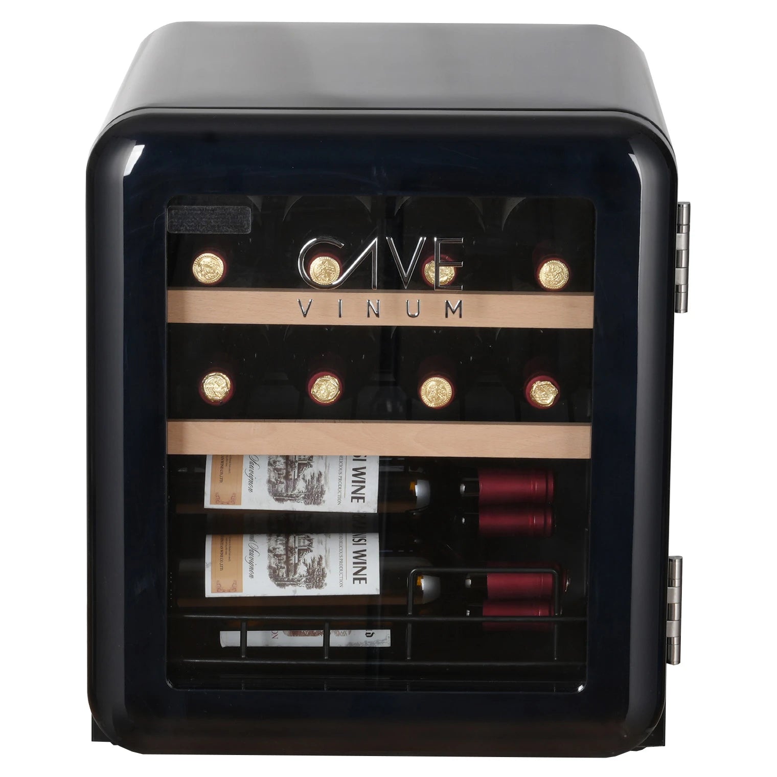 Vinoteca retro Cave Vinum CV-15 para 12 botellas con puerta de vidrio y estantes de madera visibles.