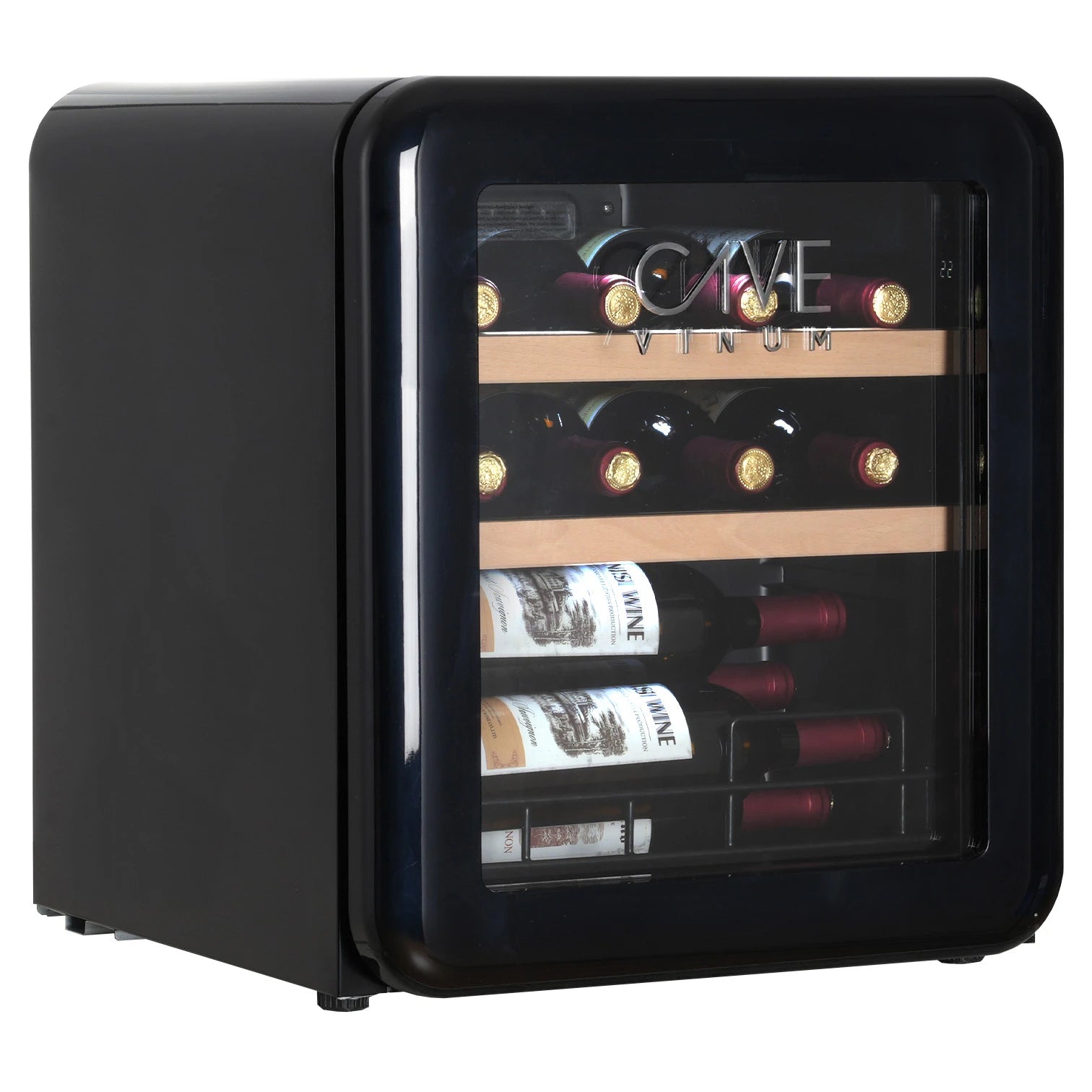 Vinoteca retro Cave Vinum CV-15 para 12 botellas con puerta de vidrio y estantes de madera, vista frontal en ángulo.