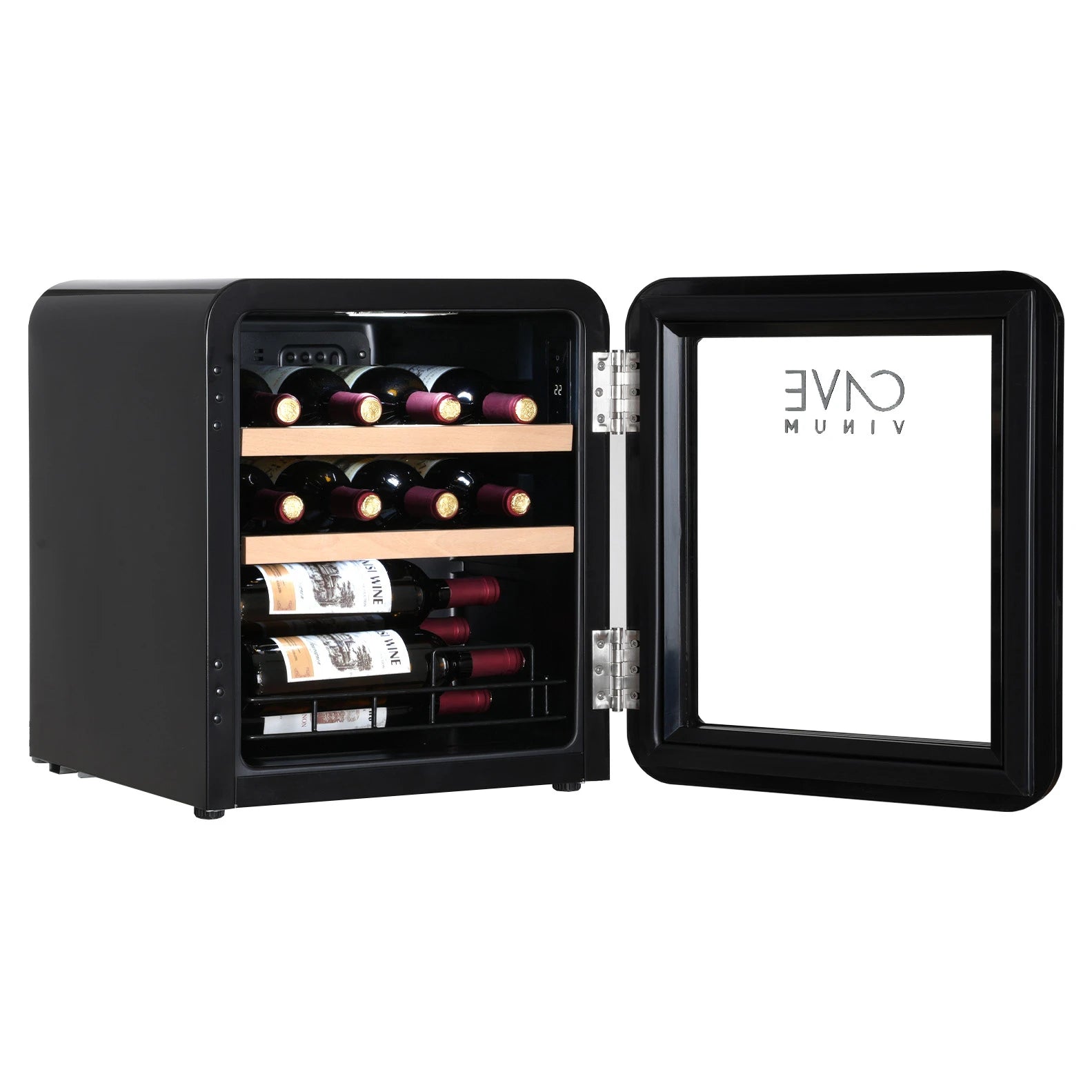 Vinoteca retro Cave Vinum CV-15 para 12 botellas con puerta de vidrio abierta y estantes de madera con botellas de vino.