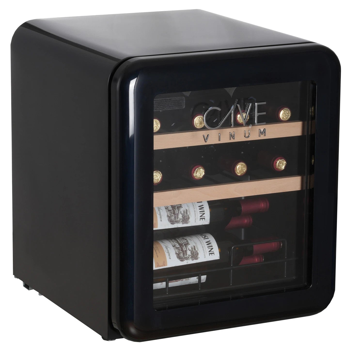 Vinoteca retro Cave Vinum CV-15 para 12 botellas con puerta de vidrio y estantes de madera, vista frontal en ángulo.