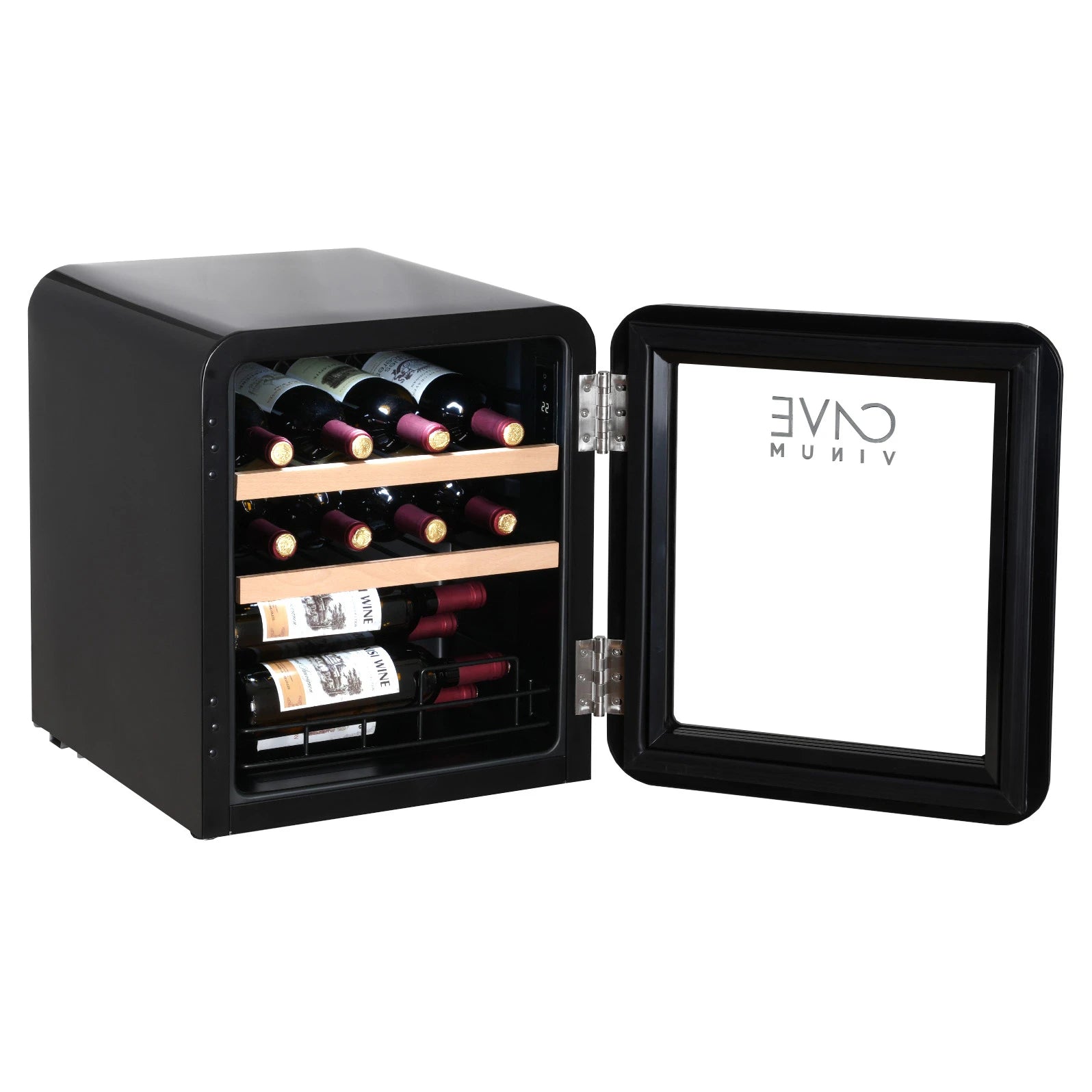 Vinoteca retro Cave Vinum CV-15 para 12 botellas con puerta de vidrio abierta y estantes de madera con botellas de vino.