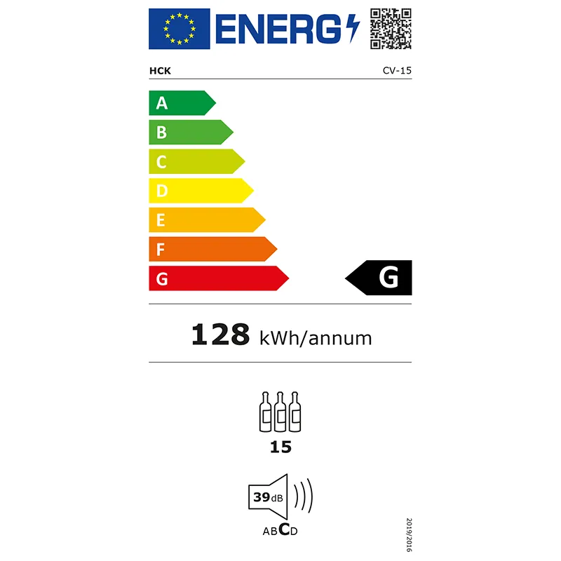 Etiqueta energética de la vinoteca Cave Vinum CV-15-R con clasificación G, consumo de 128 kWh al año, capacidad para 15 botellas y 39 dB de ruido.