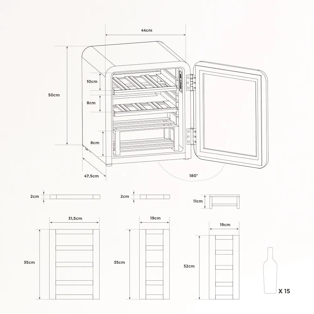 Plano con dimensiones de la vinoteca Cave Vinum CV-15 mostrando altura, ancho, profundidad y medidas de los estantes.