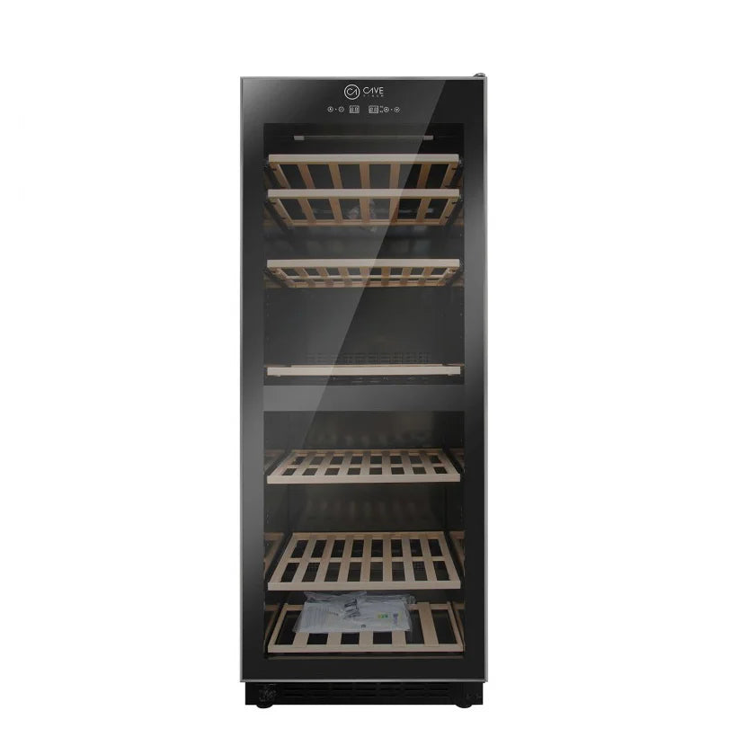 Cave Vinum CV-111-N-2T, vinoteca de 120 botellas doble zona, detalle del interior con botellas.