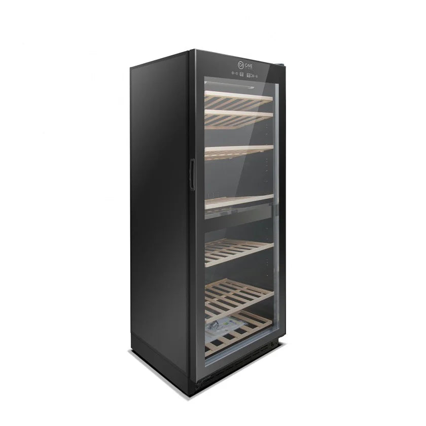 Vinoteca Cave Vinum CV-111-N-2T de 120 botellas, doble zona, vista del equipo negro.