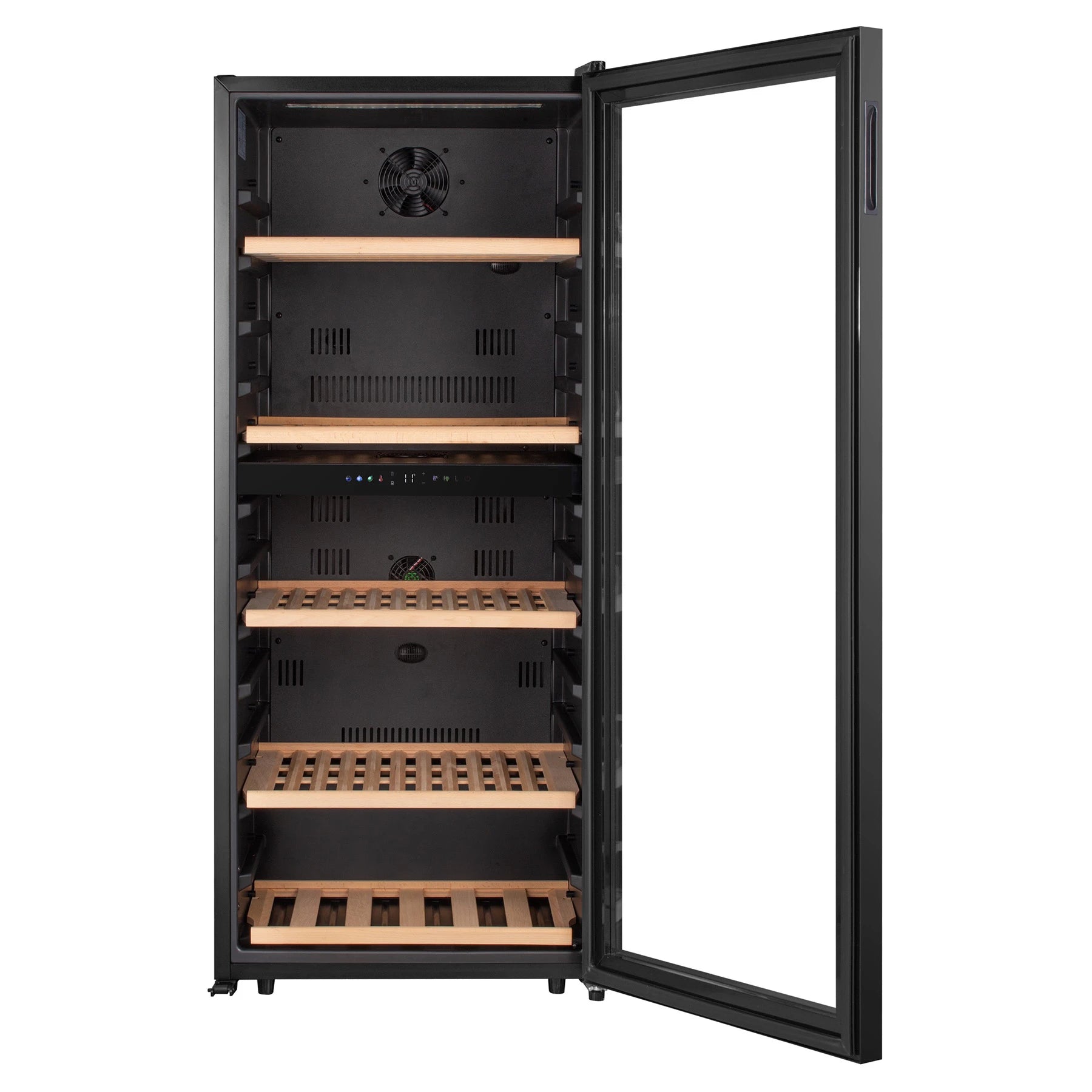 Caviss C2120CBEG, vinoteca de libre instalación con control digital y estantes de madera.