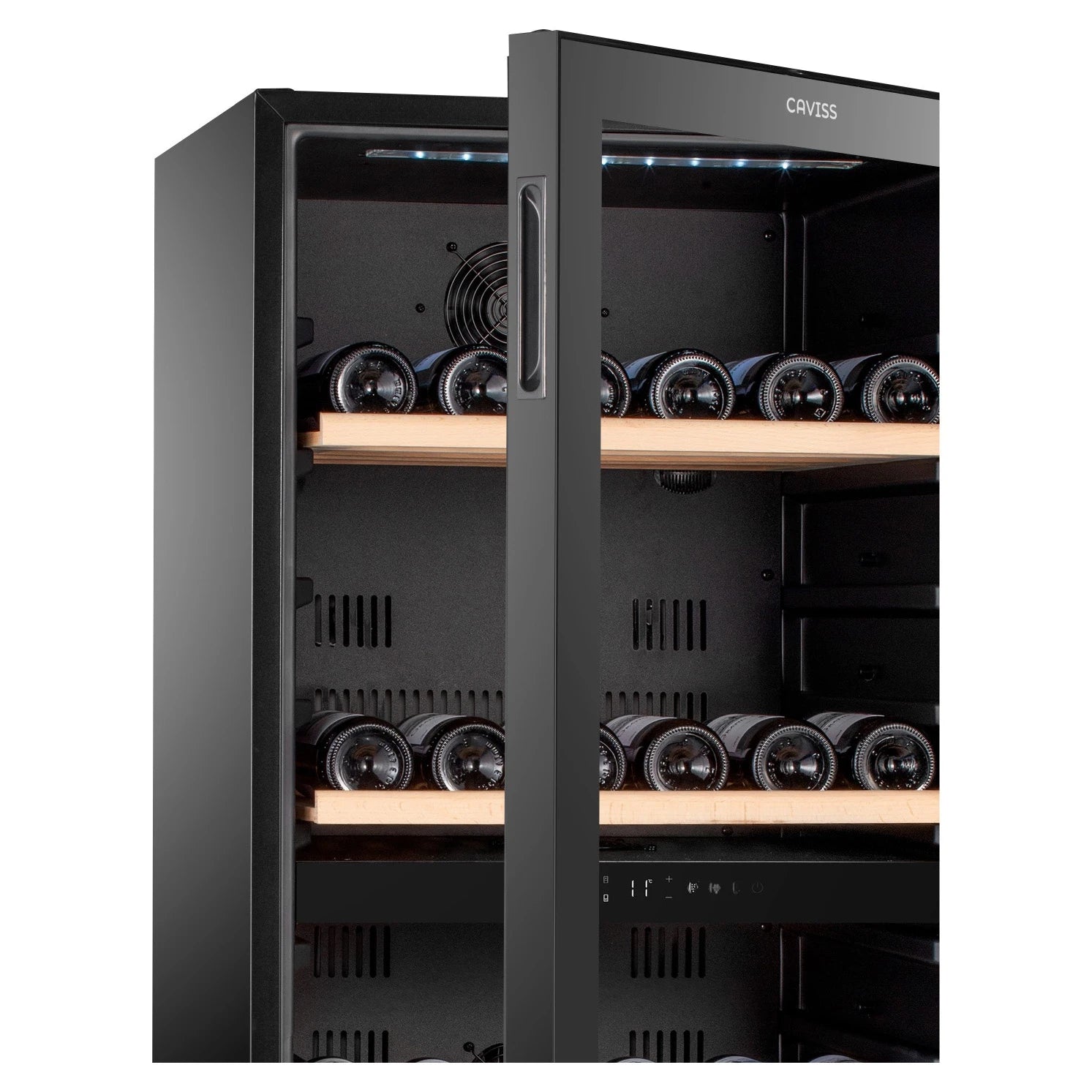 Caviss C2120CBEG, vinoteca de 120 botellas con diseño negro y puerta acristalada.