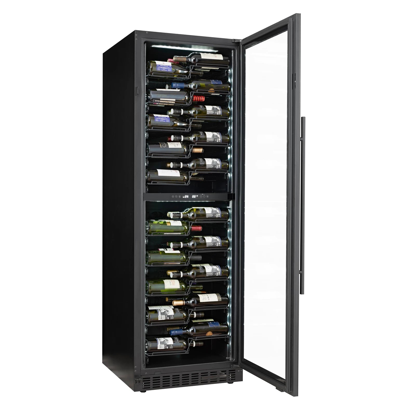 Vinoteca Le Chai PRO1200B de 120 botellas con la puerta abierta y estantes interiores visibles.