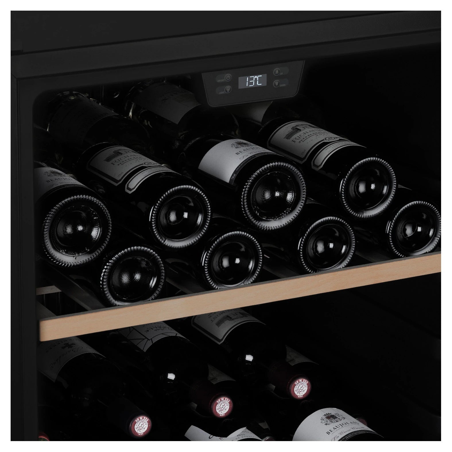 Vinoteca Les Petits Champs CAVCB122 Black abierta con botellas en estantes de madera