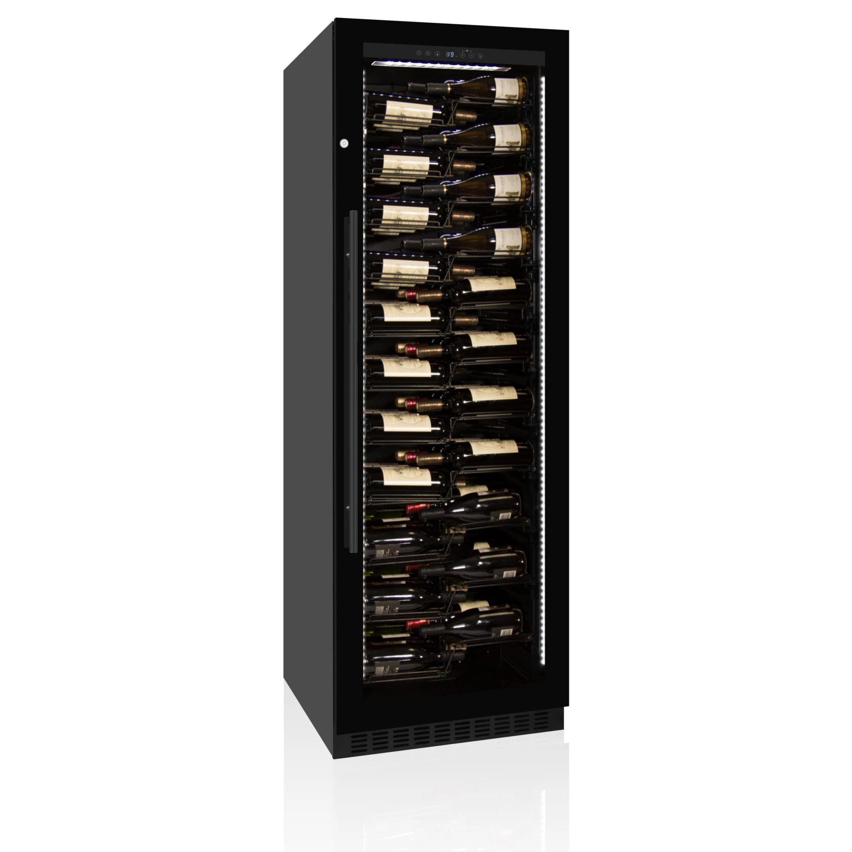 Vinoteca Le Chai PRO1320M de 132 botellas en negro, con puerta de cristal y estantes tipo Z.