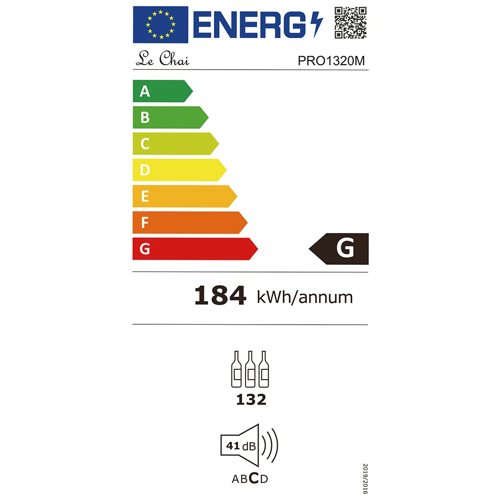 Etiqueta energetica de la vinoteca Le Chai PRO1320M de 132 botellas con clase G.