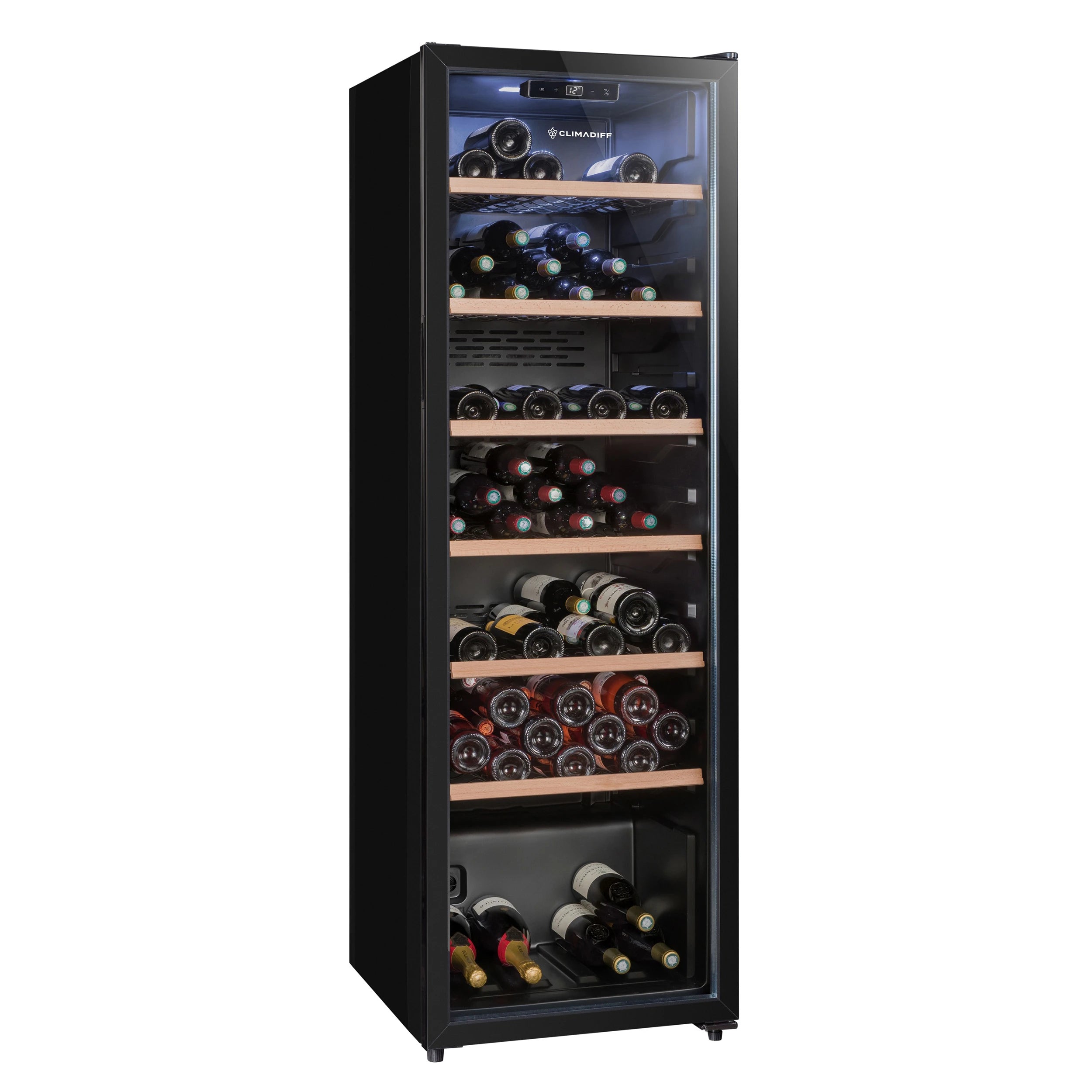 Vinoteca vertical Climadiff CPW147 de color negro, con puerta de vidrio transparente y estantes de madera, mostrando varias botellas de vino almacenadas en posición horizontal.