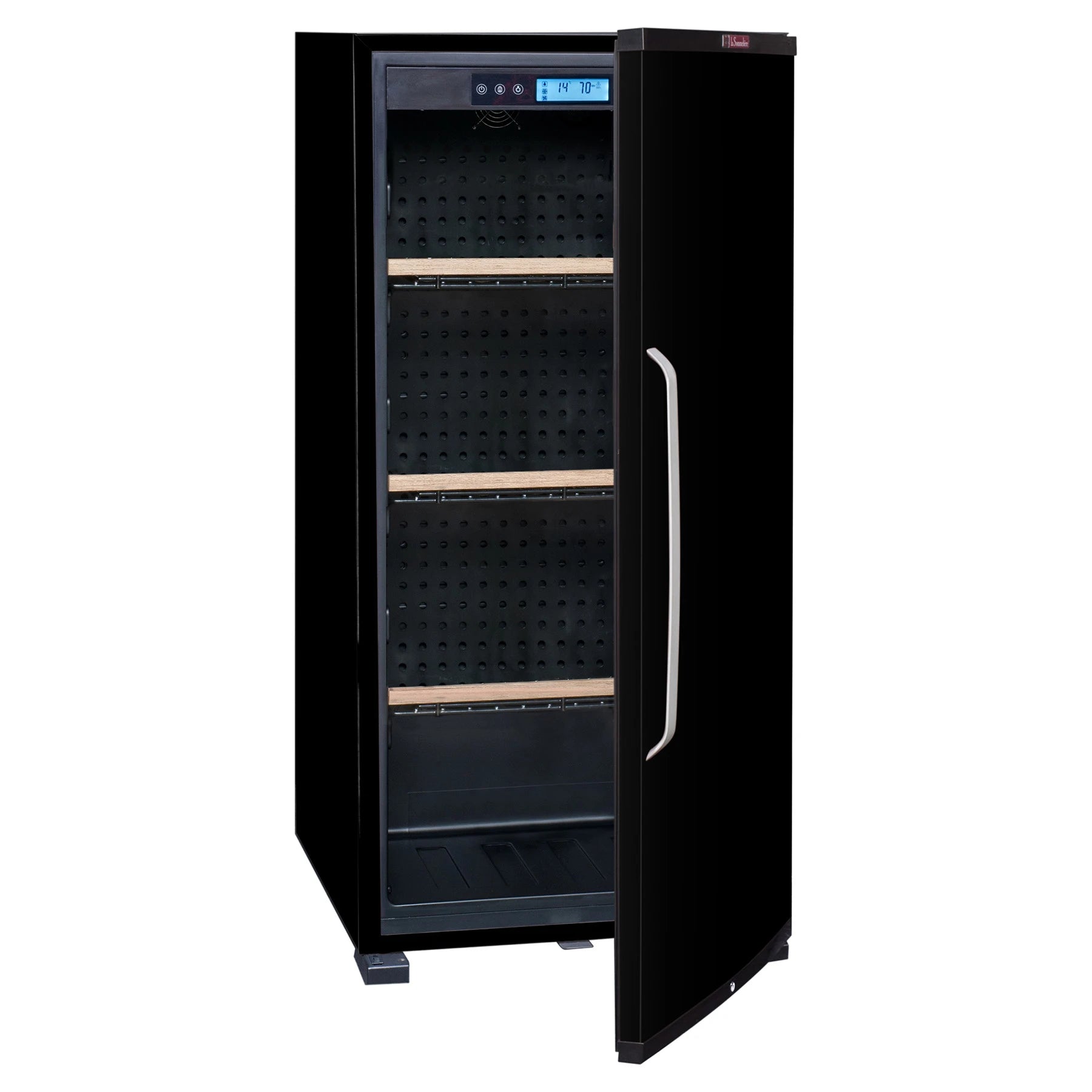 Vinoteca La Sommelière CTPNE142A+ con puerta abierta e interior vacío con estantes de madera y paredes negras perforadas