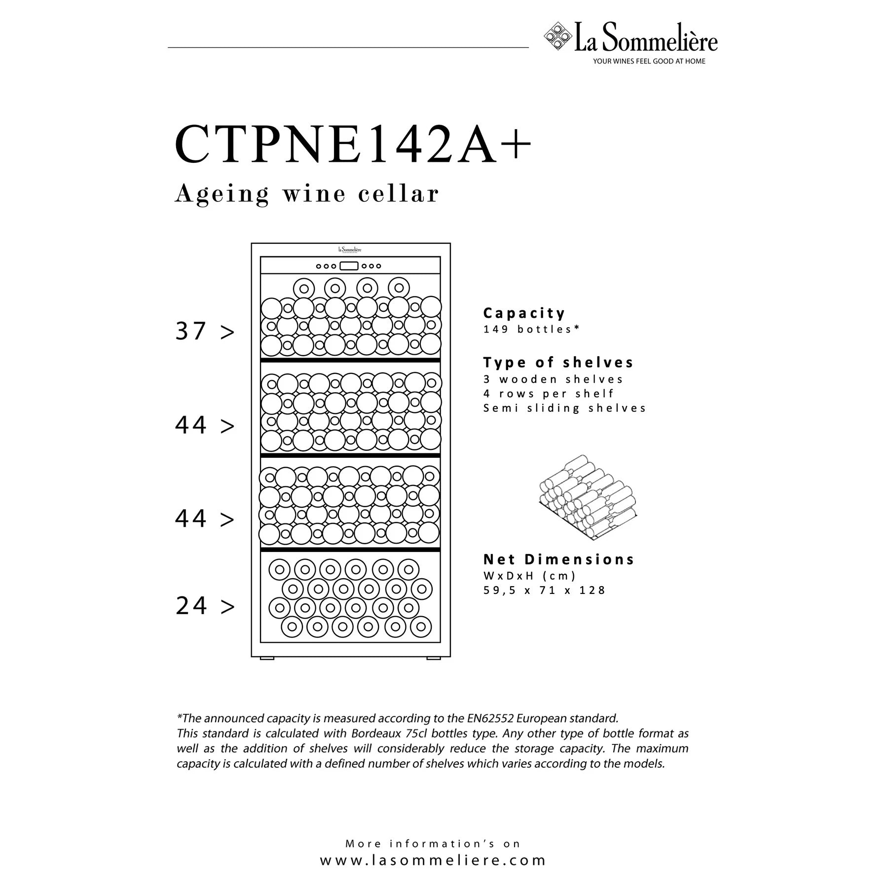 Ficha técnica vinoteca La Sommelière CTPNE142A+ con capacidad 149 botellas, distribución de estantes y dimensiones 59,5x71x128 cm