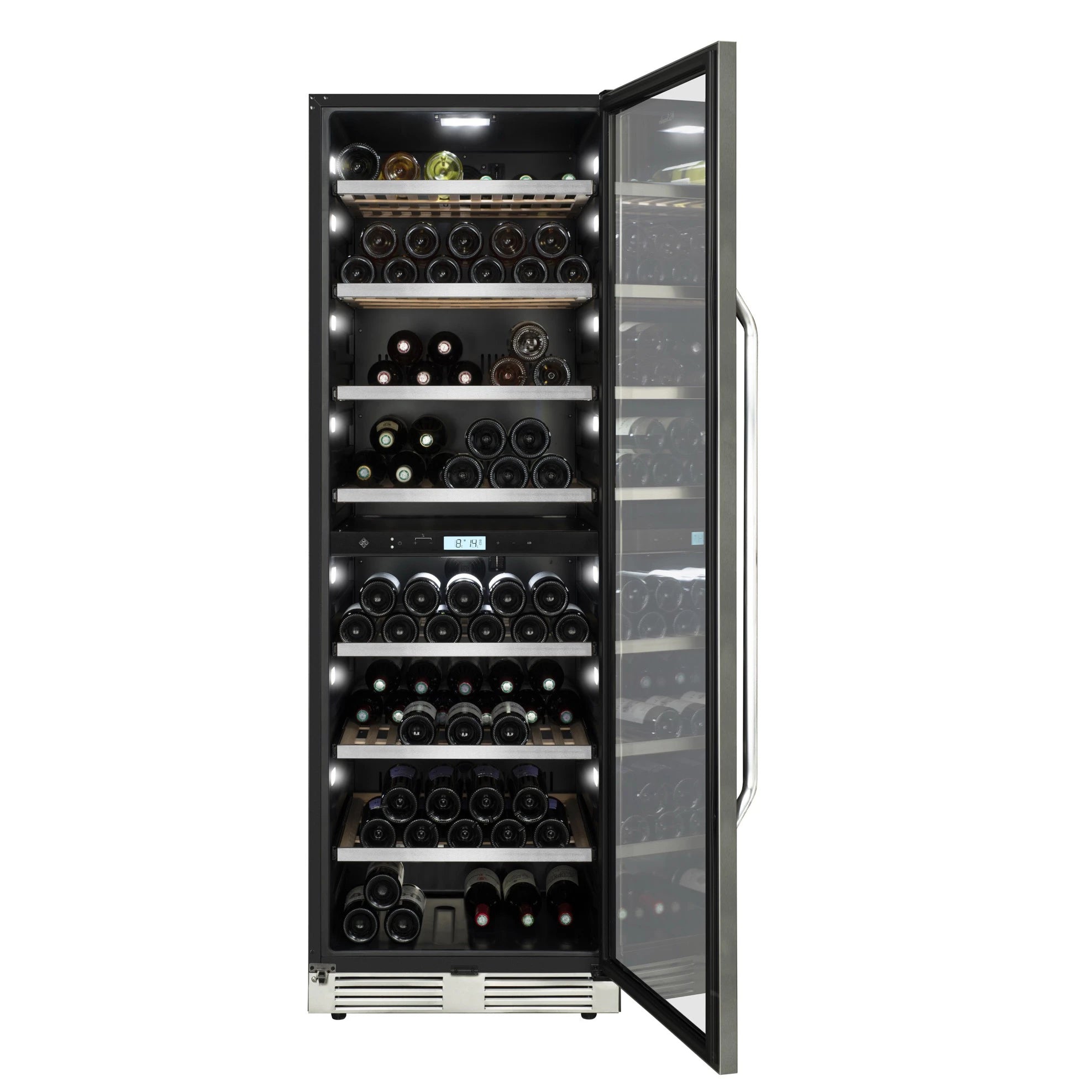 Vista frontal de la vinoteca La Sommelière MT150DZ con la puerta de vidrio abierta, mostrando el interior iluminado con múltiples estantes llenos de botellas de vino. Se aprecia el panel digital de control de temperatura en el centro y el diseño de doble zona con distribución uniforme.