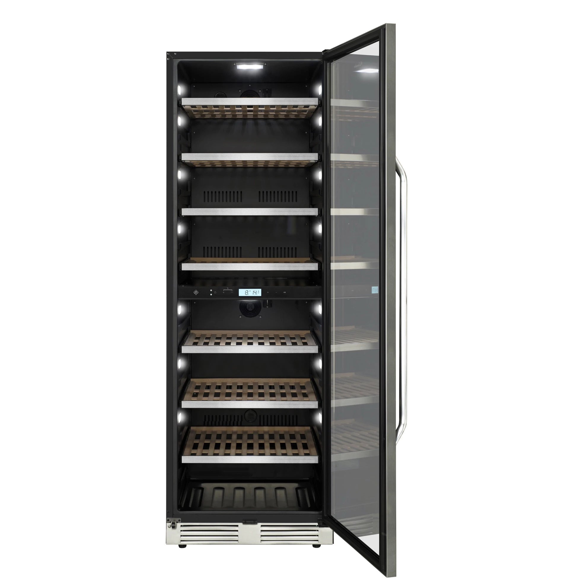 Vista frontal de la vinoteca La Sommelière MT150DZ vacía, con la puerta de vidrio abierta. Se observan ocho estantes de madera, iluminación LED en los laterales, panel digital con control de temperatura en el centro y diseño interior en color negro.