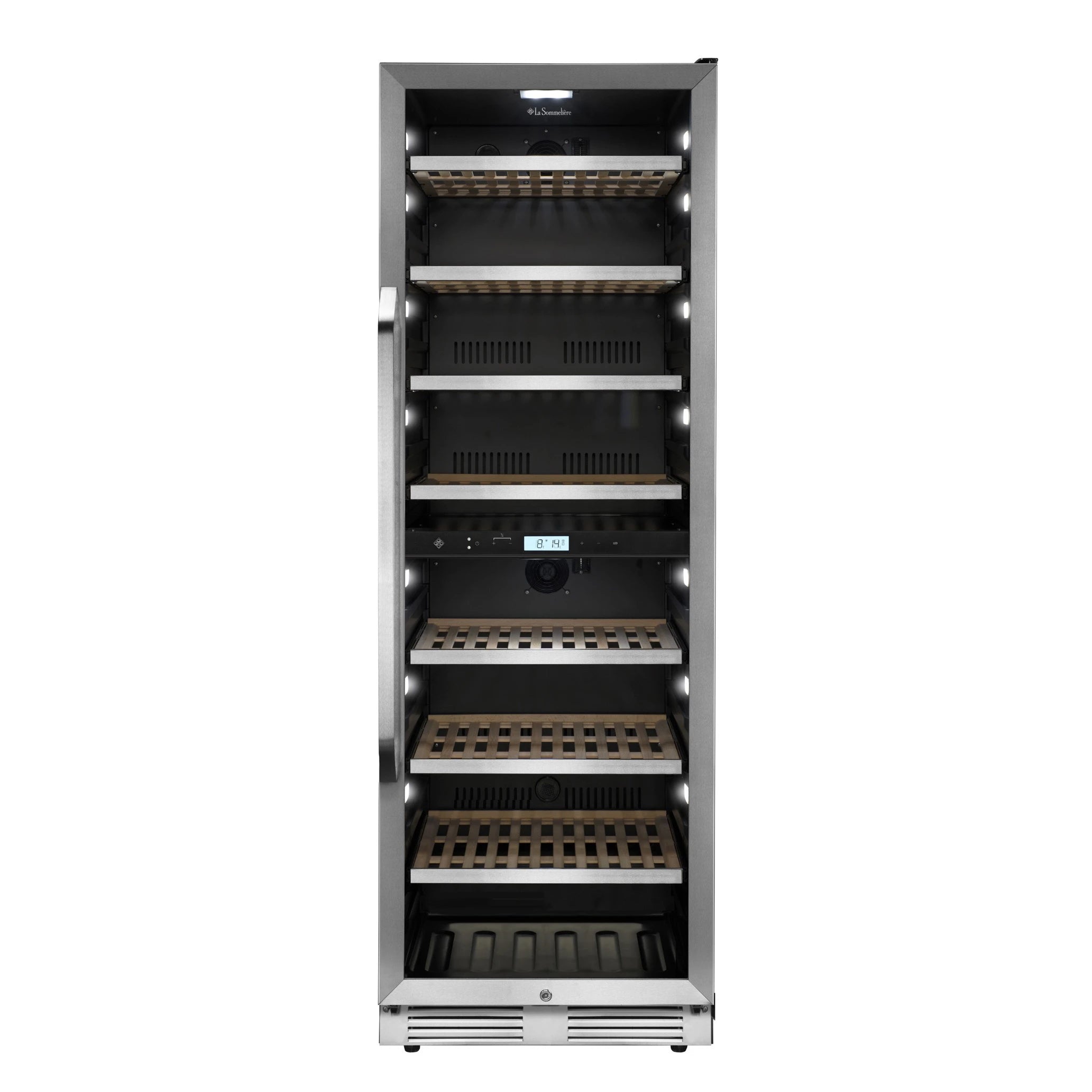 Vista frontal del interior vacío de la vinoteca La Sommelière MT150DZ, con ocho estantes de madera, iluminación LED lateral y panel de control digital central con doble zona de temperatura. La unidad muestra el diseño de almacenamiento sin botellas.