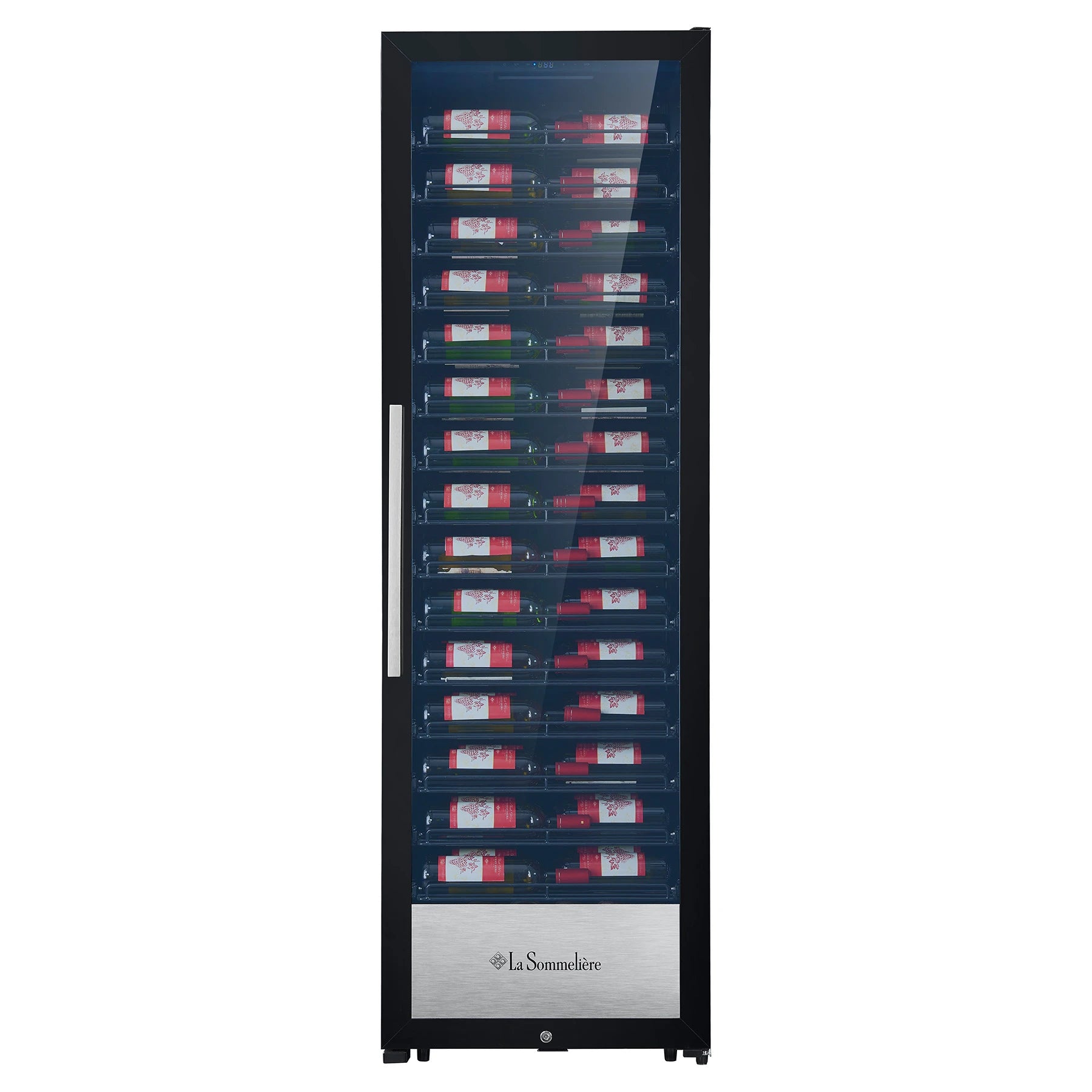 Vinoteca La Sommelière PRO160FRESH de 152 botellas cerrada, con puerta de vidrio y estantes visibles en el interior.