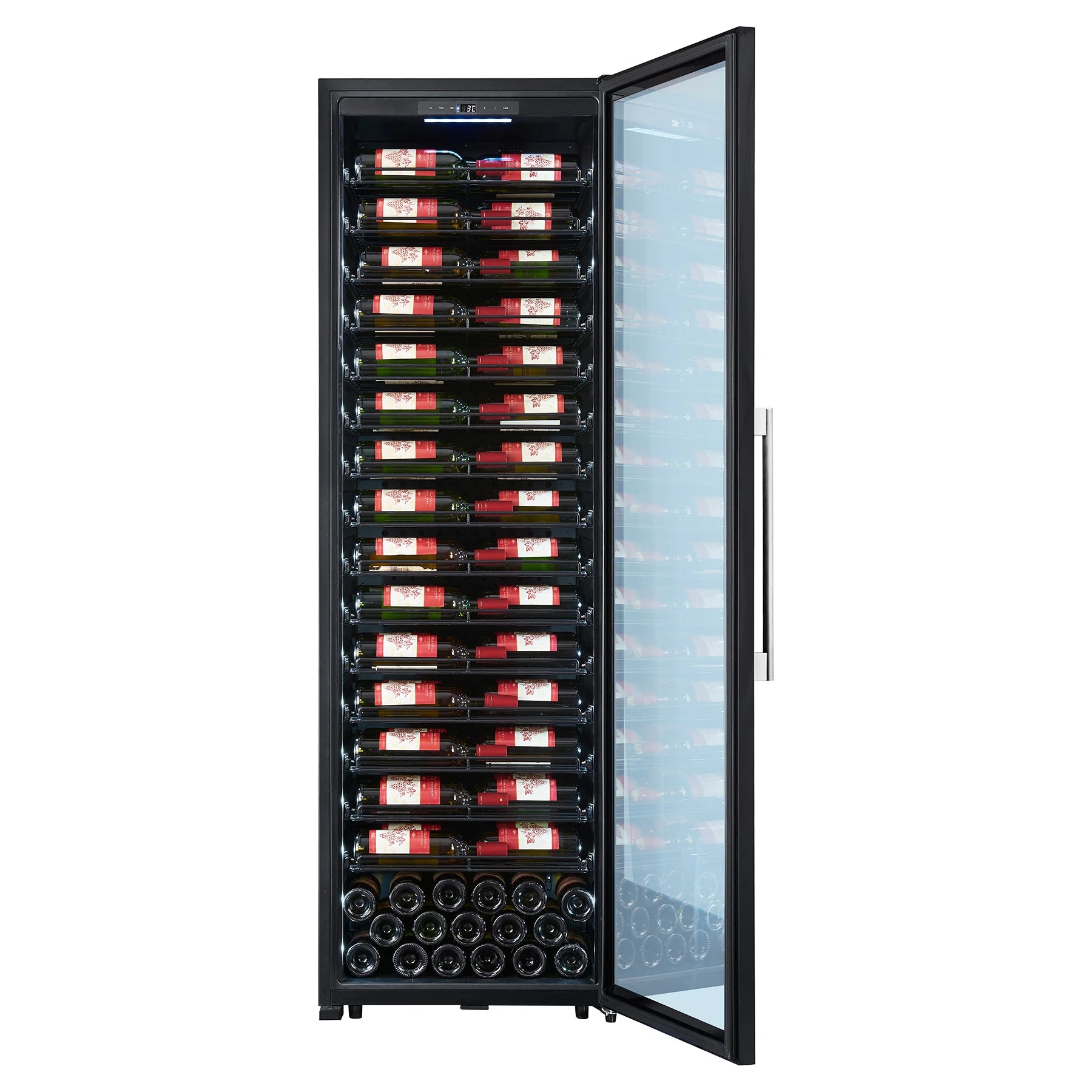 Vinoteca La Sommelière PRO160FRESH de 152 botellas abierta y completamente cargada de botellas, con estantes iluminados.